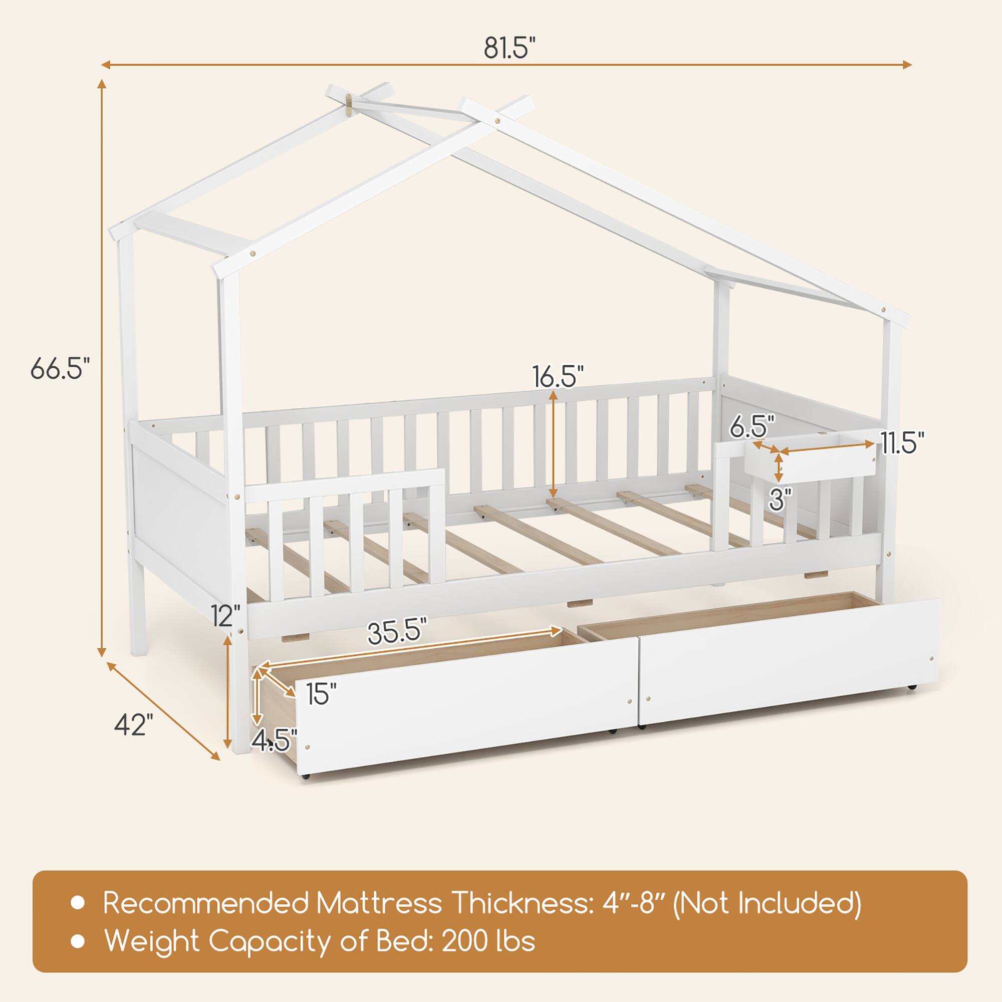 - 81.5"
- 66.5"
- 16.5"
- 6.5"
- 11.5"
- 3"
- 12"
- 35.5"
- 42"
- 15"
- 4.5"

Recommended Mattress Thickness: 4"-8" (Not Included)

Weight Capacity of Bed: 200 lbs