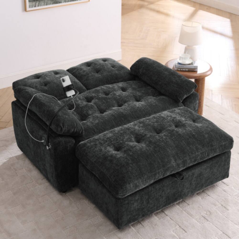 Left. LUCKY ONE - Double Sofa Recliner w/ Manual Adjustable Backrest USB Port Phone Stand Storage Ottoman - Black.