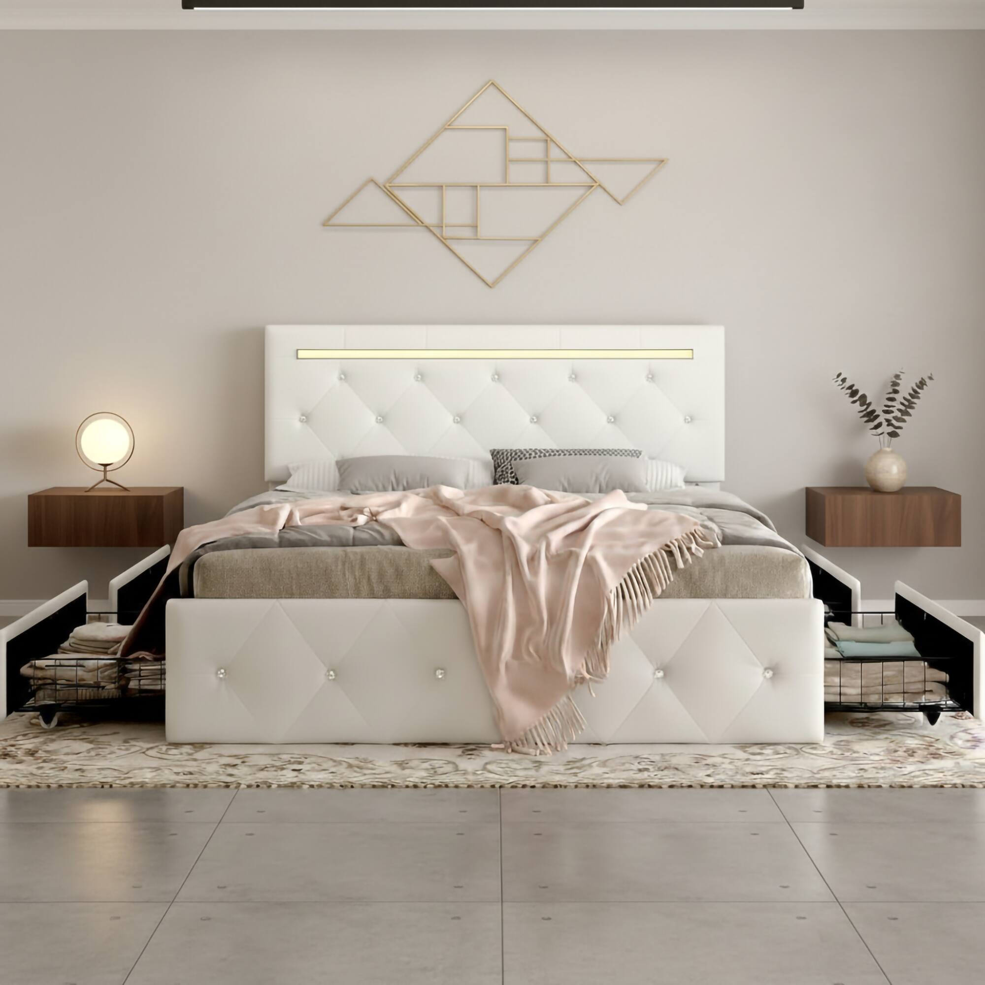 LUCKY ONE - Queen Size Bed Frame with LED Light,4 Storage Drawers and Adjustable Headboard - White