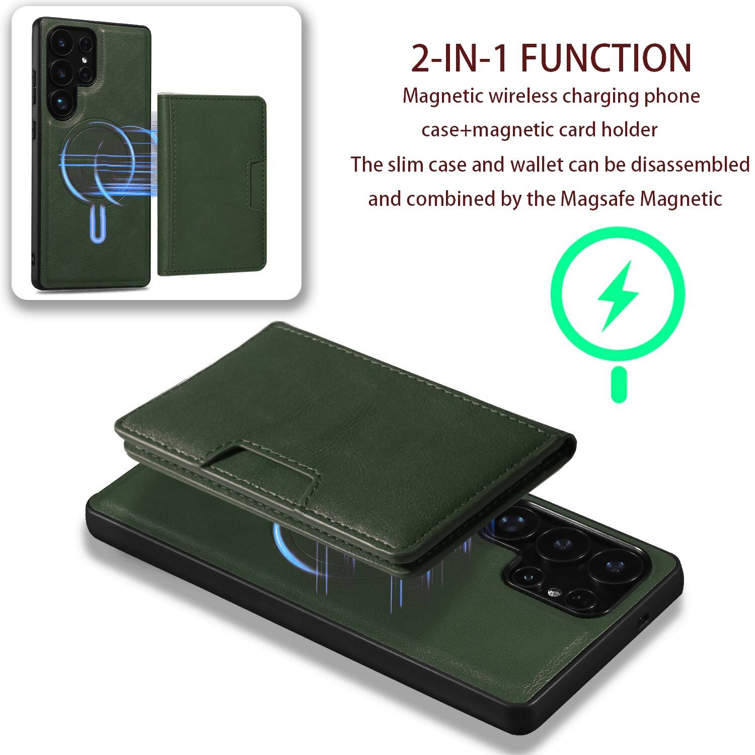 2-IN-1 FUNCTION  
Magnetic wireless charging phone case + magnetic card holder  
The slim case and wallet can be disassembled and combined by the Magsafe Magnetic