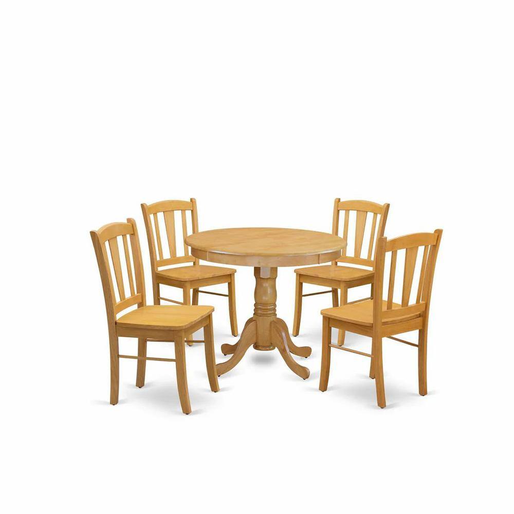Front. East West Furniture - ANDL5-OAK-W - 5-Pc Dining Room Table Set- 4 Dining Room Chair and dining table - Wooden Seat and Slatted Chair Back - - Oak.