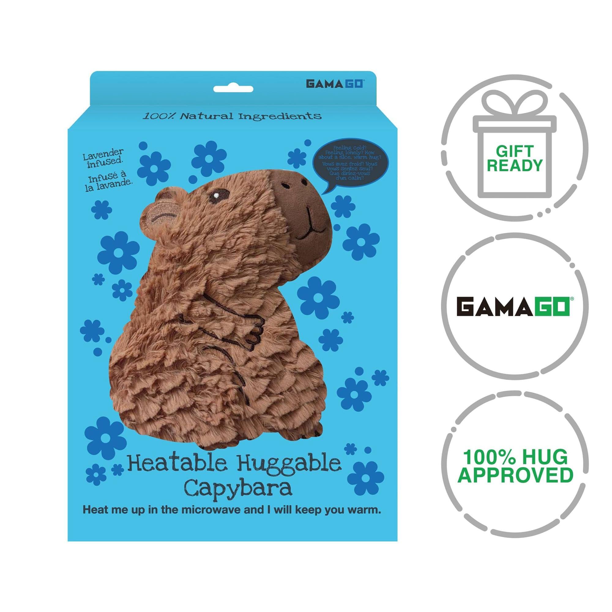 GAMA 100% Natural Ingredients Lavender infused. Infuse à la lavande.  
GIFT READY GAMAGO  
Heatable Huggable Capybara  
Heat me up in the microwave and I will keep you warm.  
100% HUG APPROVED