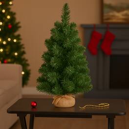 BreeBe - Unlit Mini Christmas Tree – 2FT or 3FT Tabletop Size with Rustic Burlap Base - Green