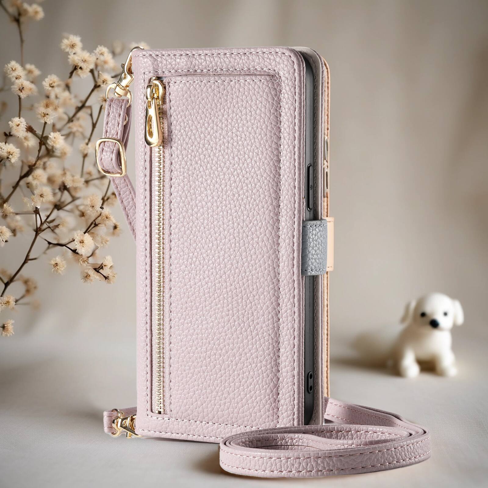 Left. Dteck - Wallet Case for Samsung Galaxy S26+ with Crossbody Strap and Wristlet, PU Leather Zipper Purse Kickstand Cover - Purple.