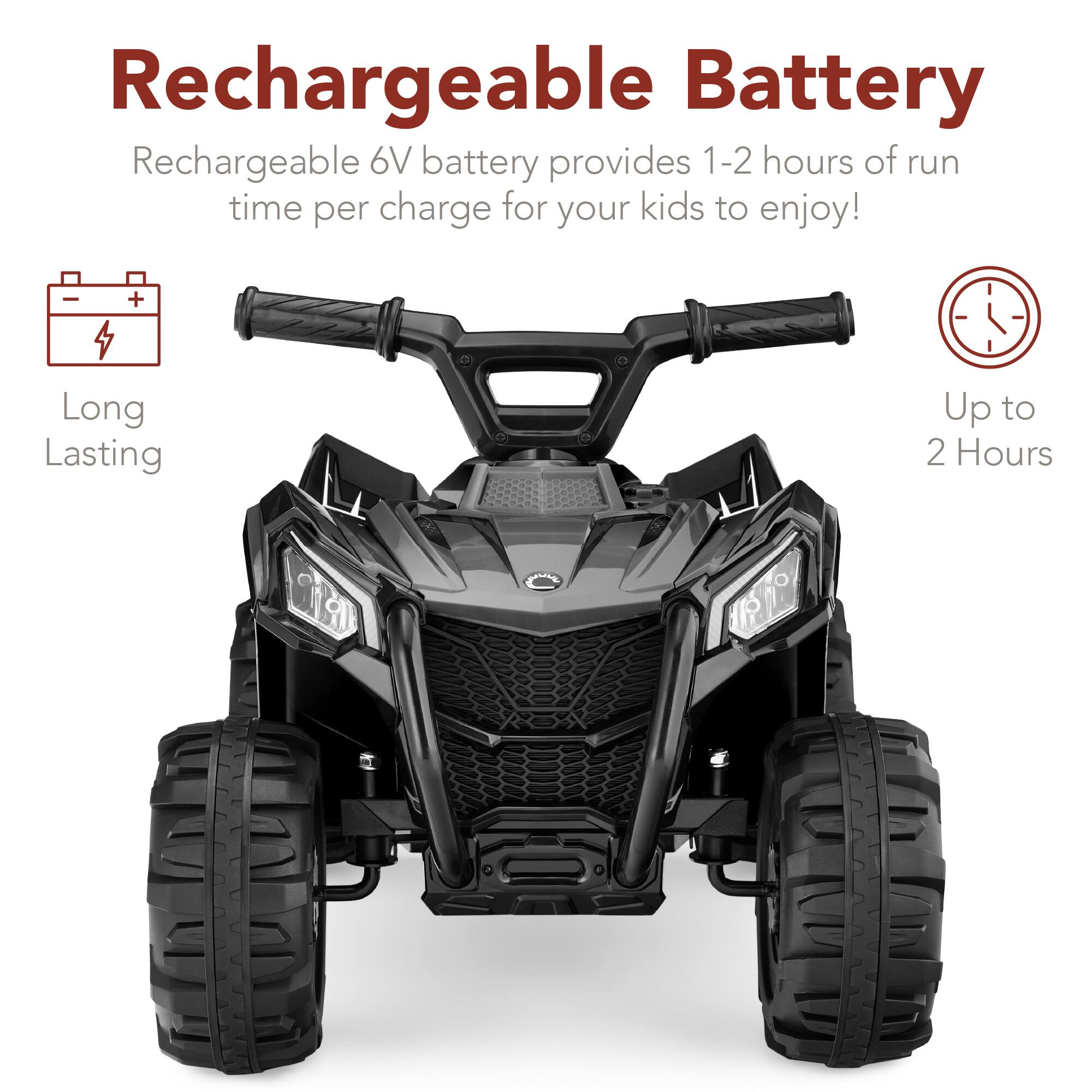 Rechargeable Battery: Rechargeable 6V battery provides 1-2 hours of run time per charge for your kids to enjoy! Long Lasting - Up to 2 Hours.