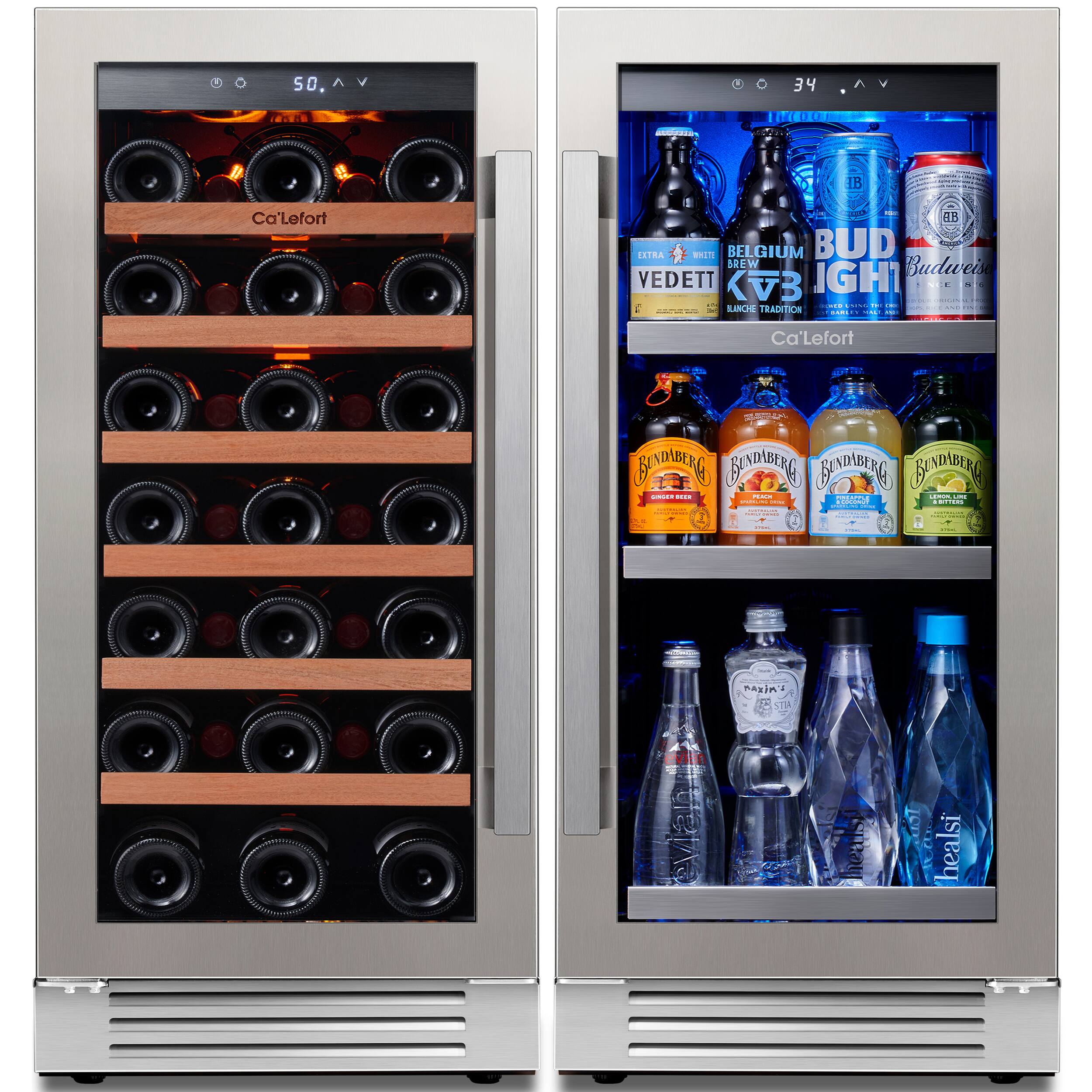 Sure, here is the corrected and grouped text from the image:

**Left Side (Wine Cooler):**
- Ca'Lefort
- 50

**Right Side (Beer Cooler):**
- 34
- Ca'Lefort
- BELGIUM BREW
- VEDETT
- BLANCHE TRADITION
- Budweiser
- Bud Light
- KVB
- BUNDABERG
  - Ginger Beer
  - Ginger Beer
  - Ginger Beer
  - Ginger Beer
- PAXIMA
- healisi
- Vivaldi
- Vivaldi