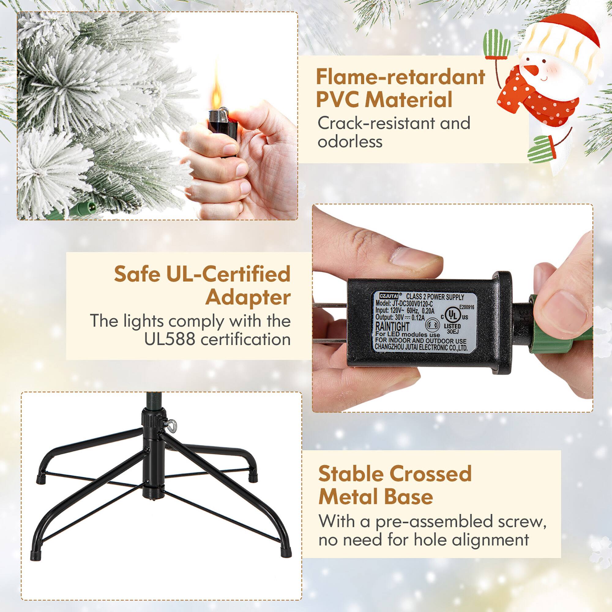 - Flame-retardant PVC Material
  - Crack-resistant and odorless

- Safe UL-Certified Adapter
  - The lights comply with the UL588 certification

- Stable Crossed Metal Base
  - With a pre-assembled screw, no need for hole alignment

- Model: T-0C300V0120-C
  - Input: 120V- 50Hz 0.20A
  - Output: 30V 0.12A
  - Class 2 Power Supply
  - UL Listed
  - For Indoor and Outdoor Use
  - CHANGZHOU JUTA ELECTRONIC CO.LTD.