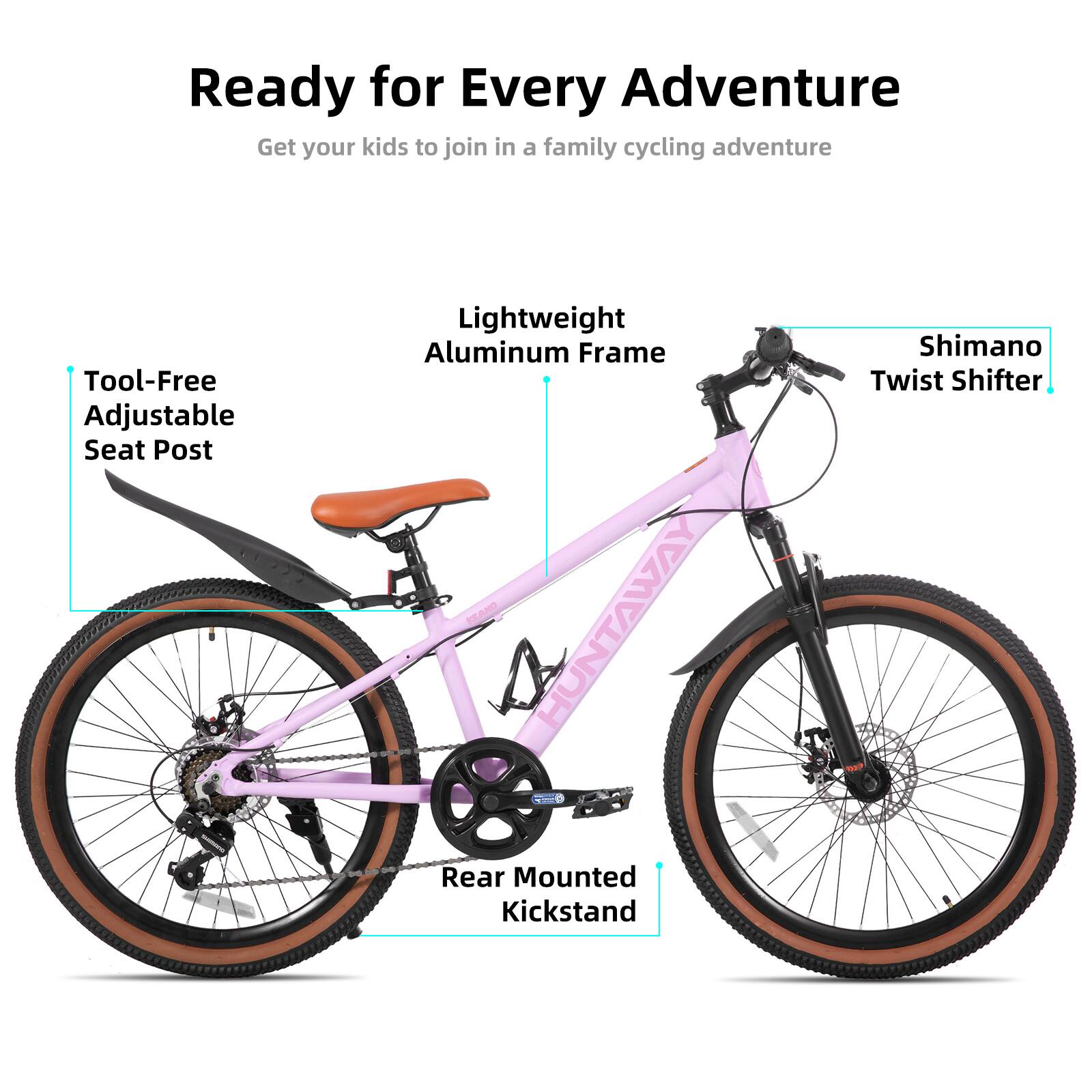 Ready for Every Adventure  
Get your kids to join in a family cycling adventure  

- Tool-Free Adjustable Seat Post  
- Lightweight Aluminum Frame  
- Shimano Twist Shifter  
- Rear Mounted Kickstand