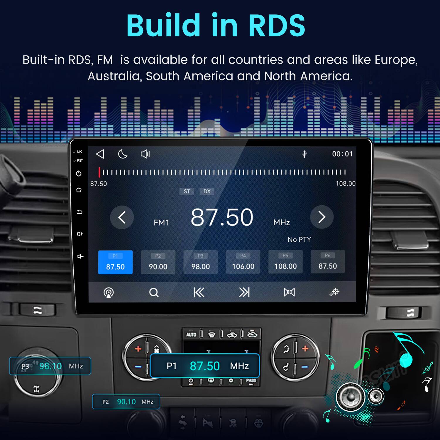 Build in RDS  
Built-in RDS, FM is available for all countries and areas like Europe, Australia, South America and North America.  

MC  
00:01  
87.50  
ST  
DX  
108.00  
FM1 87.50 MHz No PTY  
P1  
P2  
P3  
P4  
P5  
P6  
87.50  
90.00  
98.00  
106.00  
108.00  
87.50  
Q  
AUTO  
+  
P3  
98.10 MHz  
P1  
87.50 MHz  
PASS  
P2  
90.10 MHz