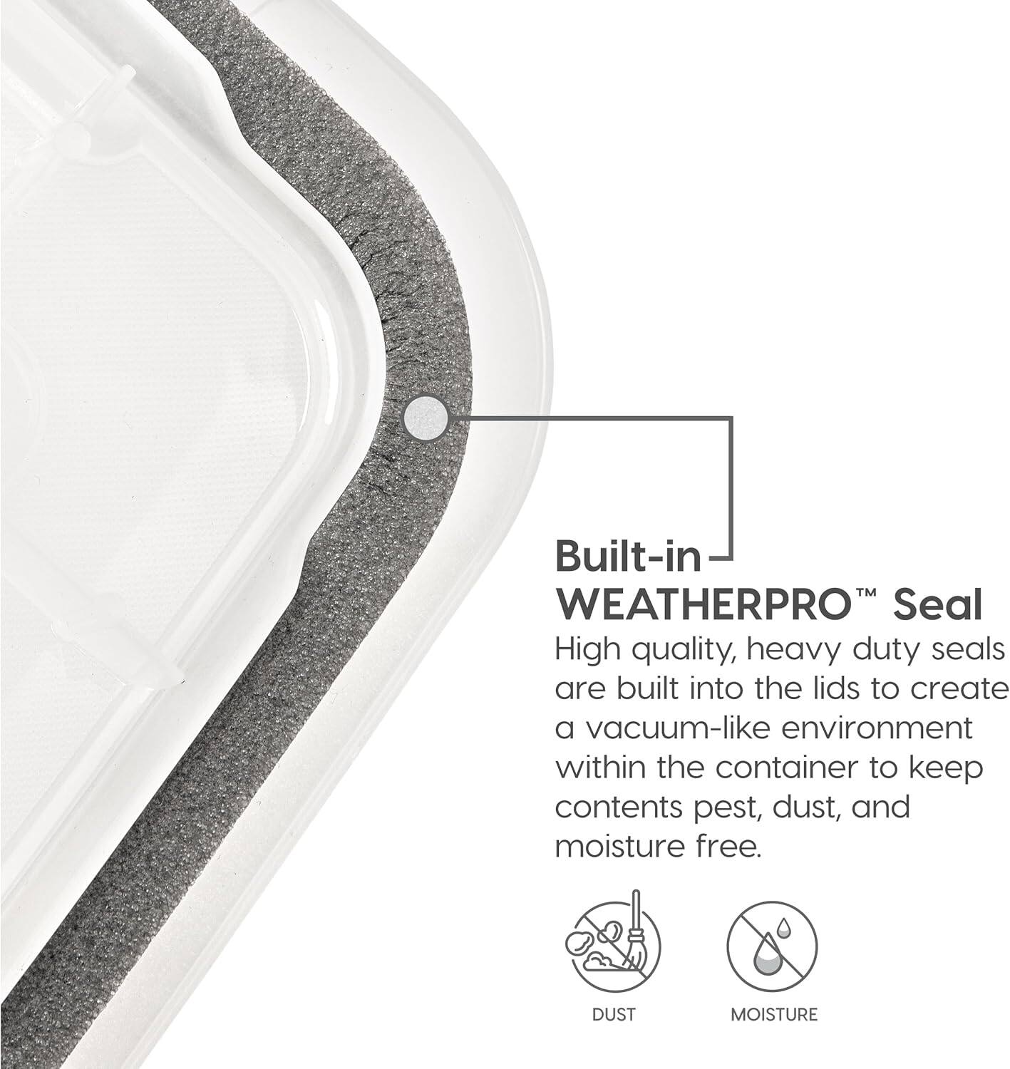 Built-in WEATHERPRO™ Seal

High quality, heavy duty seals are built into the lids to create a vacuum-like environment within the container to keep contents pest, dust, and moisture free.

DUST MOISTURE