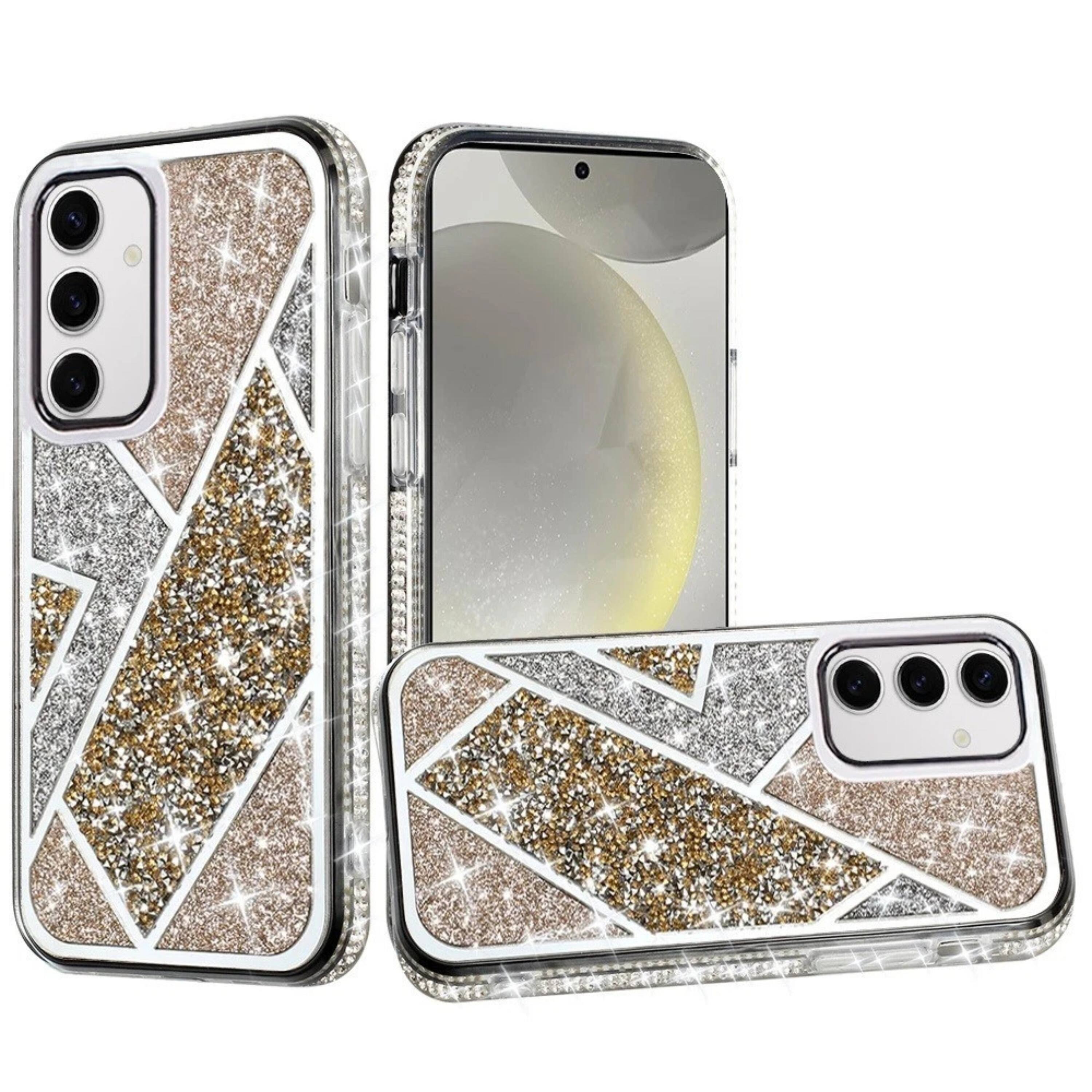 Front. Kitcheniva - Rhombus Bling Glitter Diamond Phone Case With Tempered Glass For Samsung S25 Plus S24 Plus Gold - Gold.