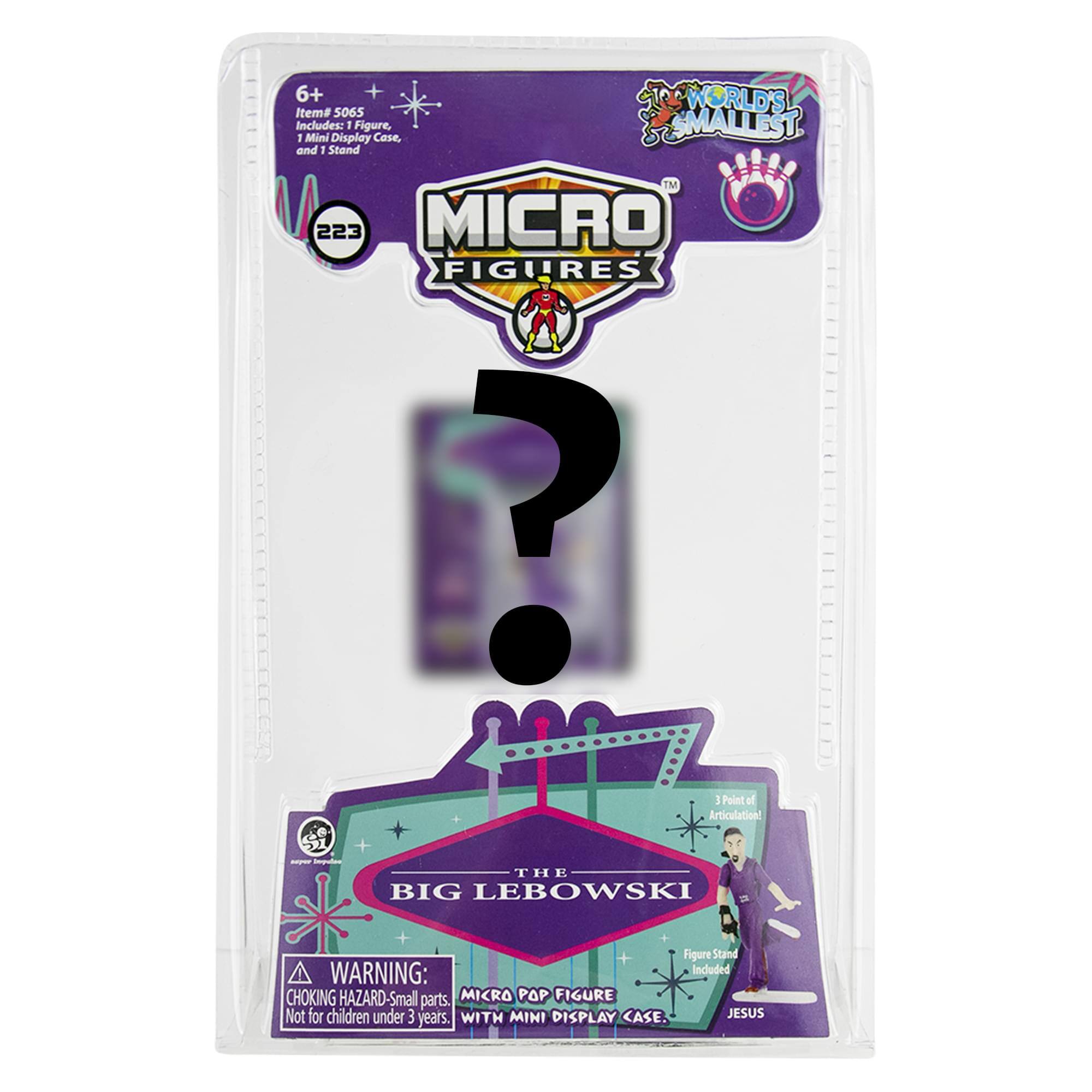 6+  
WORLD'S SMALLEST  
Item# 5065  
Includes: 1 Mini Display Case, 1 Figure, and 1 Stand  

MICRO FIGURES  
223  

THE BIG LEBOWSKI  
Figure Stand Included  

WARNING: CHOKING HAZARD-Small parts. Not for children under 3 years.  
MICRO POP FIGURE WITH MINI DISPLAY CASE.