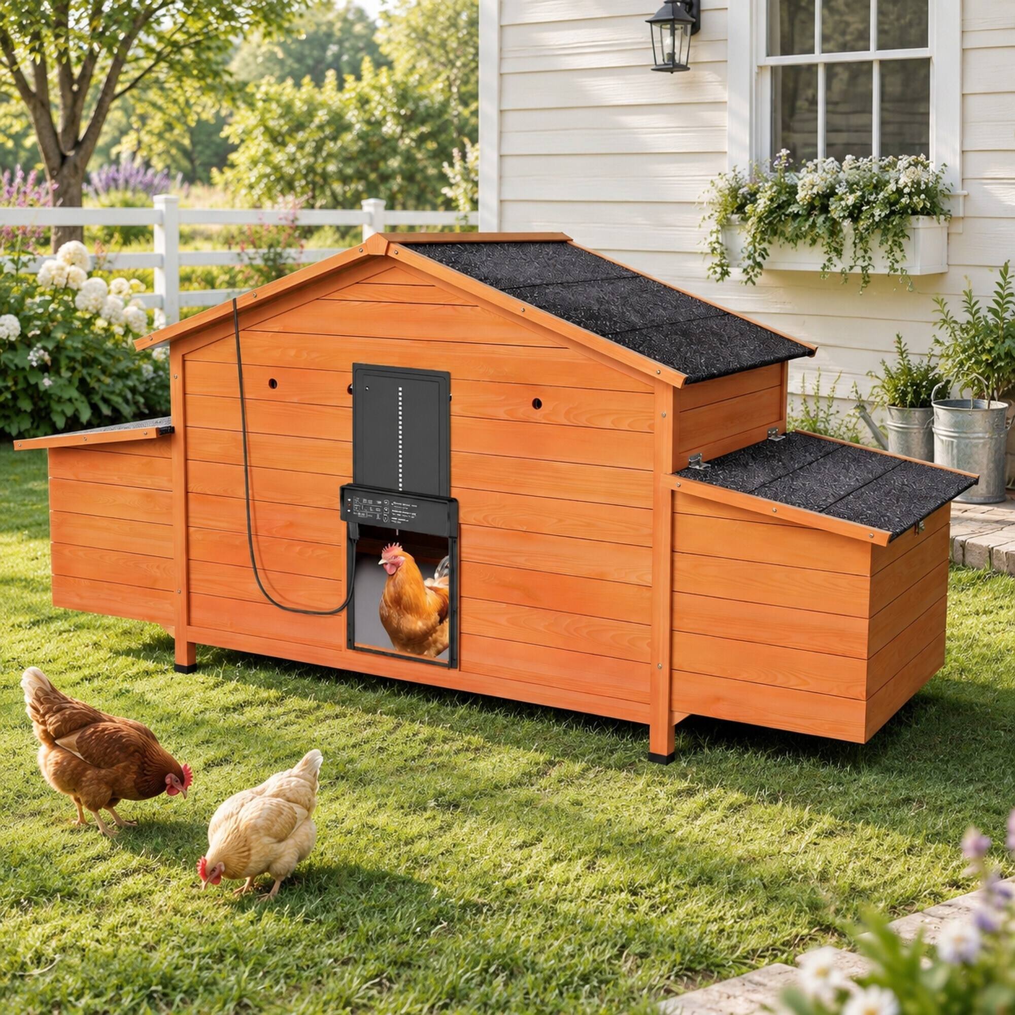 Back. RYHNUYNE - 70 Inch Automatic Chicken Coop, Solar Powered Door, Solid Wood, 2 Nesting Boxes, Pull Out Tray.