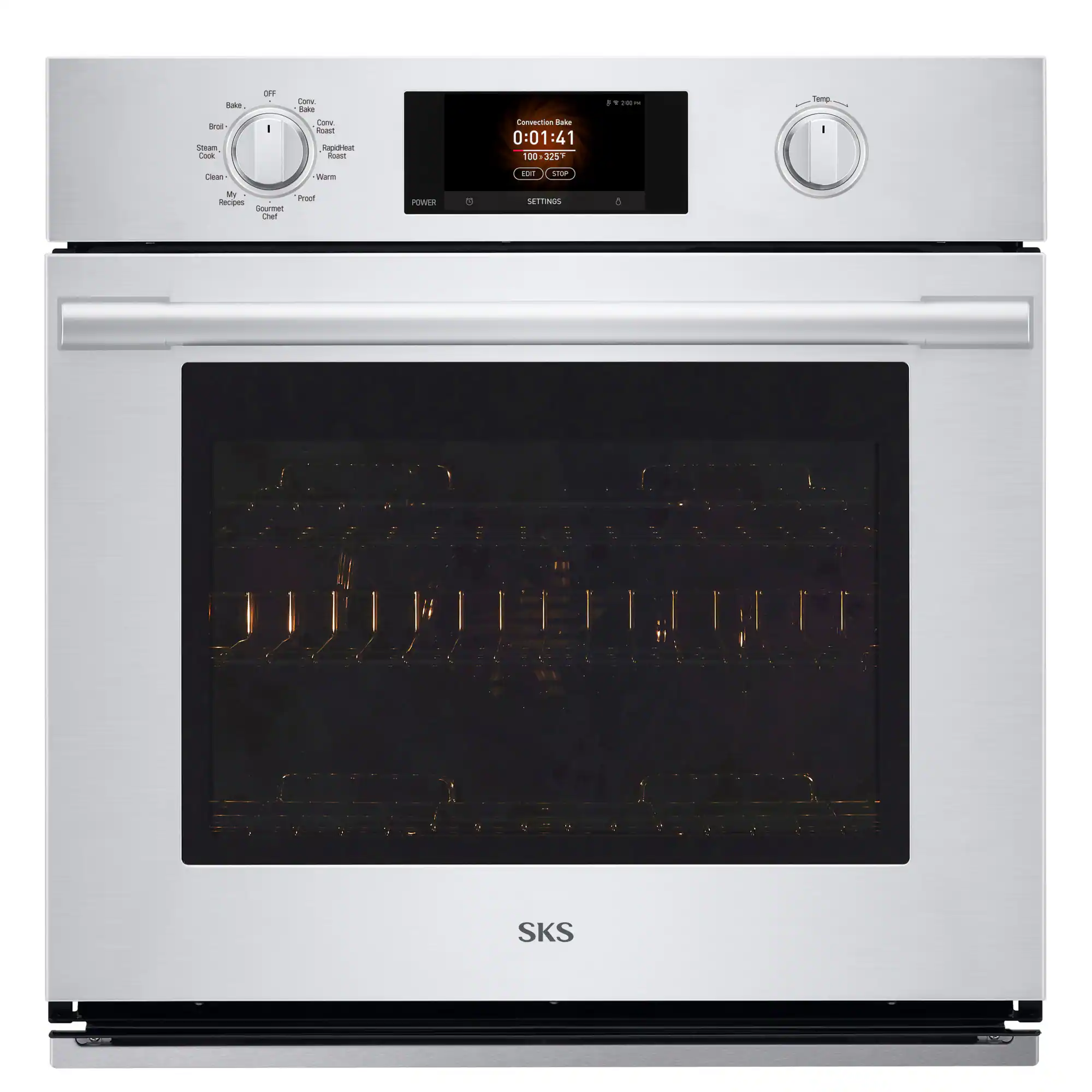 Bake, Broil, Steam Cook  
OFF  
Conv. Bake Conv. Roast RapidHeat Roast  
Convection Bake 0:01 :41 100>325  
200PM  
Temp.  
Clean  
Warm  
EDT  
STOP  
My "Proof Recipes Gourmet Chef  
POWER  
SETTINGS  
SKS