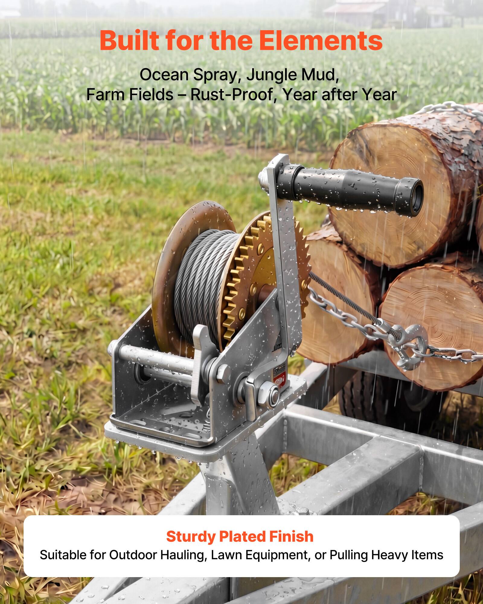 Built for the Elements  
Ocean Spray, Jungle Mud, Farm Fields - Rust-Proof, Year after Year  

Sturdy Plated Finish  
Suitable for Outdoor Hauling, Lawn Equipment, or Pulling Heavy Items