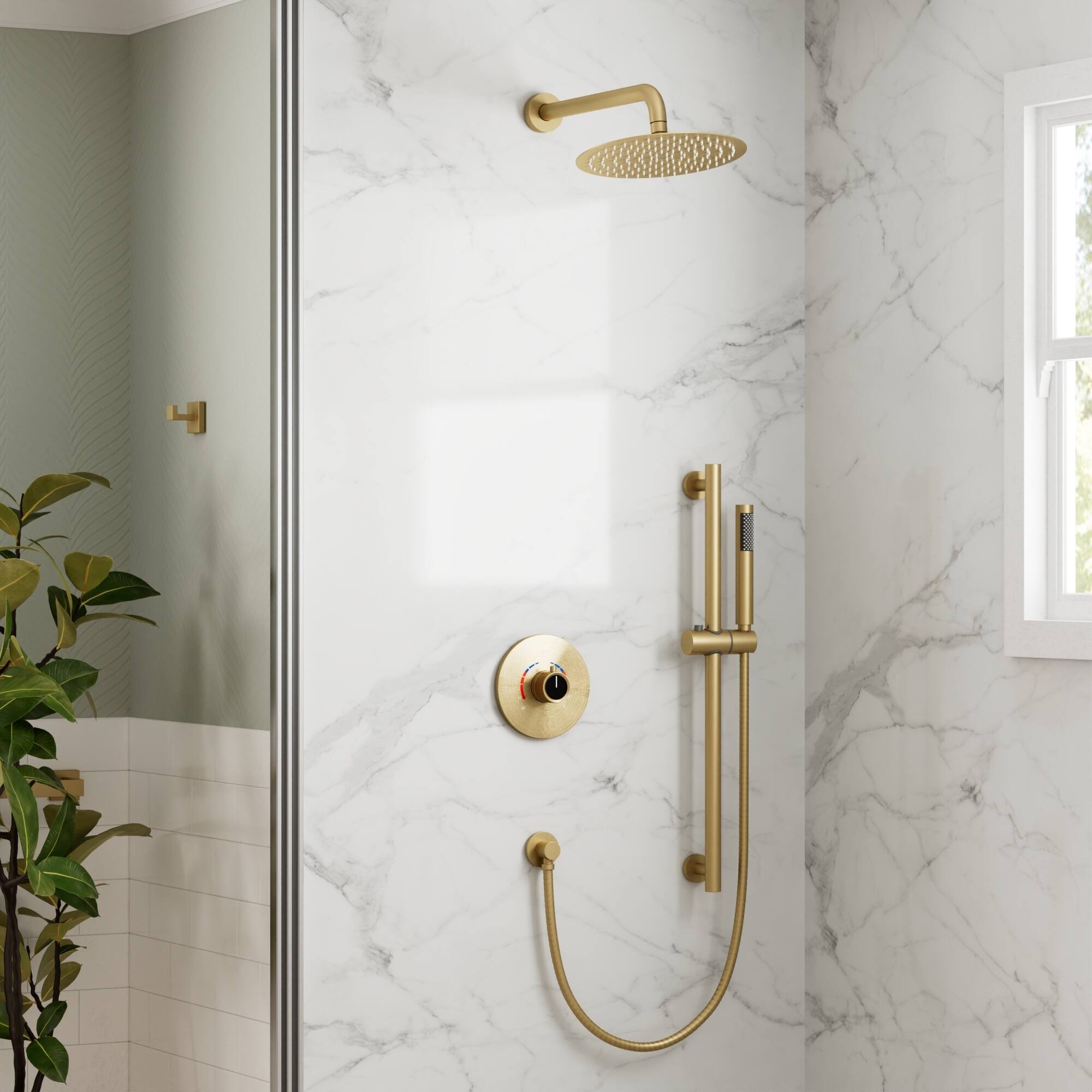 Angle. GRANDJOY - Modern Anti-Scald Multifunction Shower System with Adjustable Slide Bar and Fingerprint-Resistant Finish - Brushed Gold.