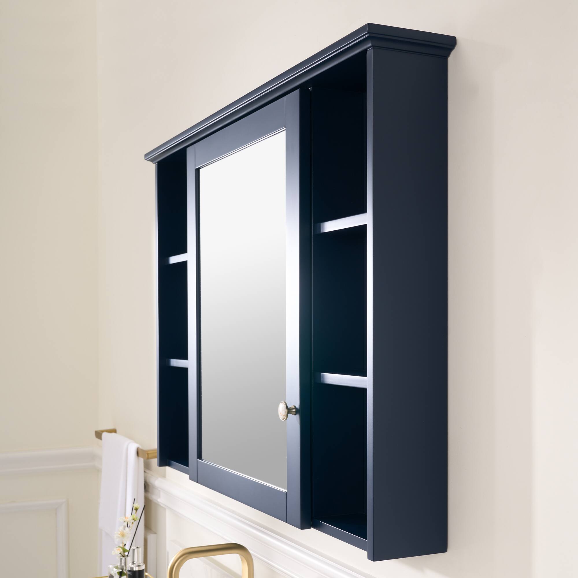 Back. WELLFOR - 42 in. W x 30 in. H Rectangular Solid Wood Frame Surface Mount Medicine Cabinet with Mirror and Soft Close Door - Navy Blue.