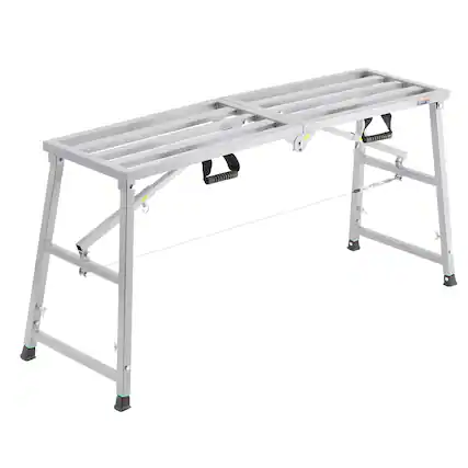 Front. VEVOR - Work Platform, 4 Gear Adjustable Height, Folding Alloy Steel Step Ladder, Portable Scaffolding Platform, 800 lb Load - Silver.