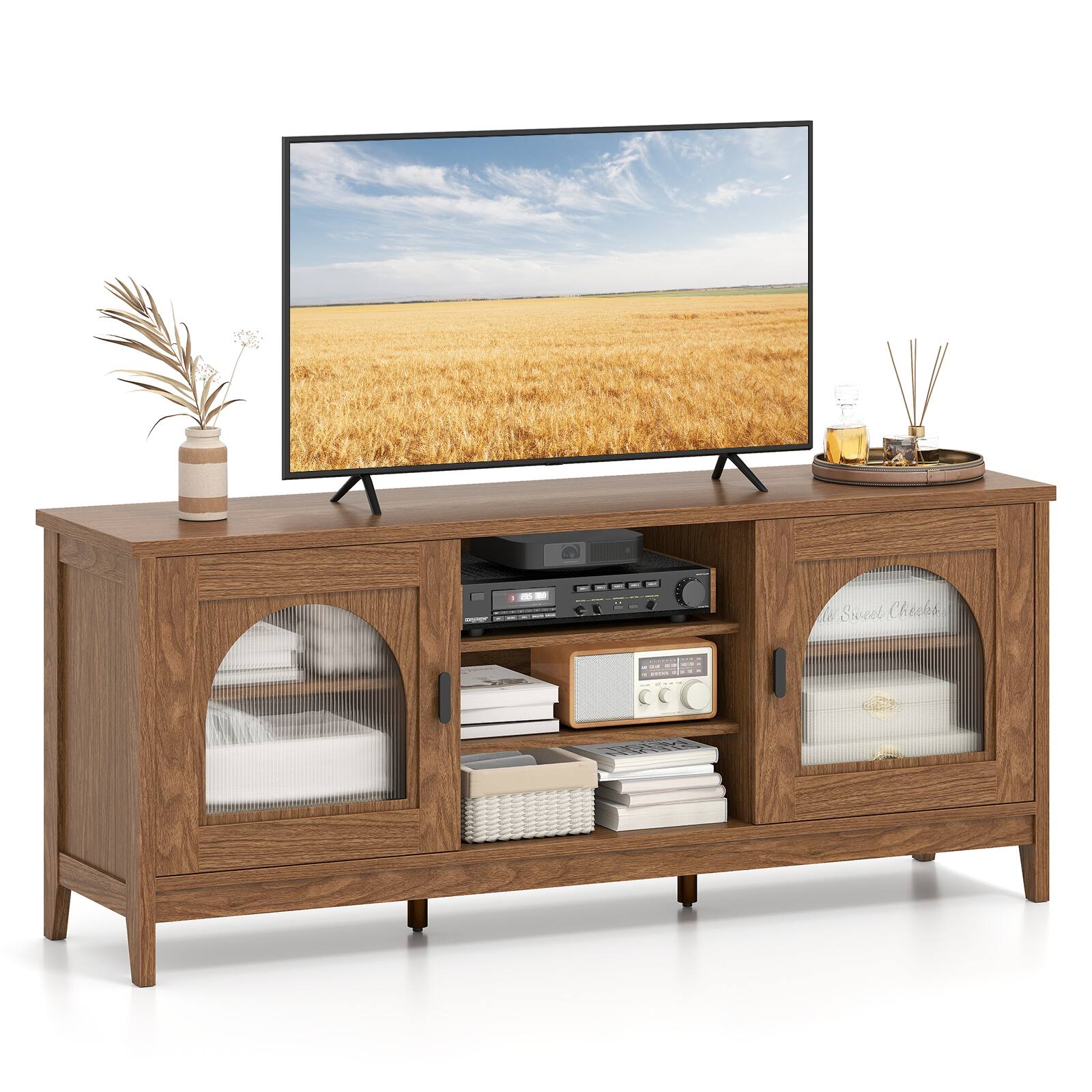 Gymax - Farmhouse TV Stand for TVs up to 65'' Modern Vintage TV Cabinet for Living Room Walnut - Brown