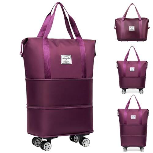 Front. DORLUKFU - Rolling luggage Bag, 3-layer expandable foldable carry on bag, large weekend bag with rotating wheels, 28-58L - Deep Purple.