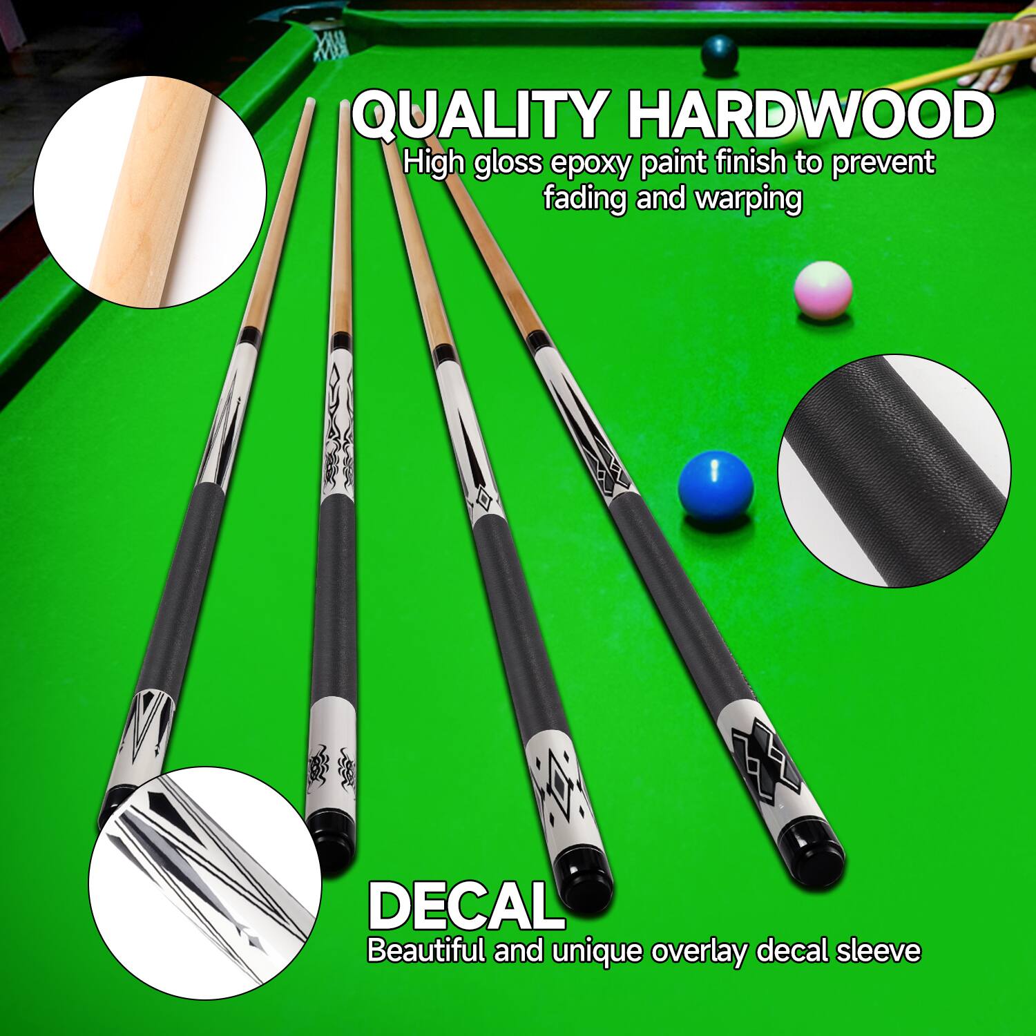 QUALITY HARDWOOD High gloss epoxy paint finish to prevent fading and warping DECAL Beautiful and unique overlay decal sleeve