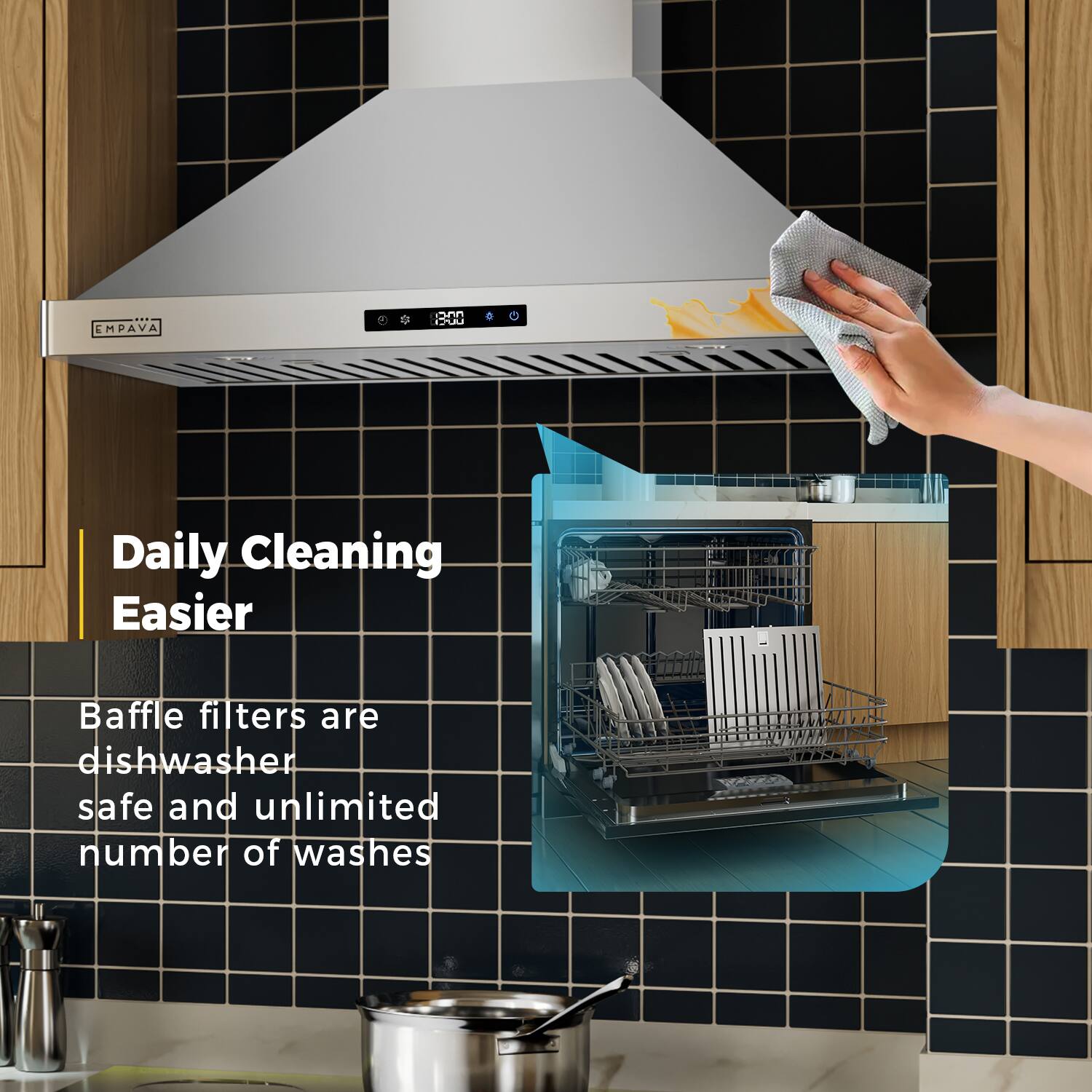 Daily Cleaning Easier  
Baffle filters are dishwasher safe and unlimited number of washes