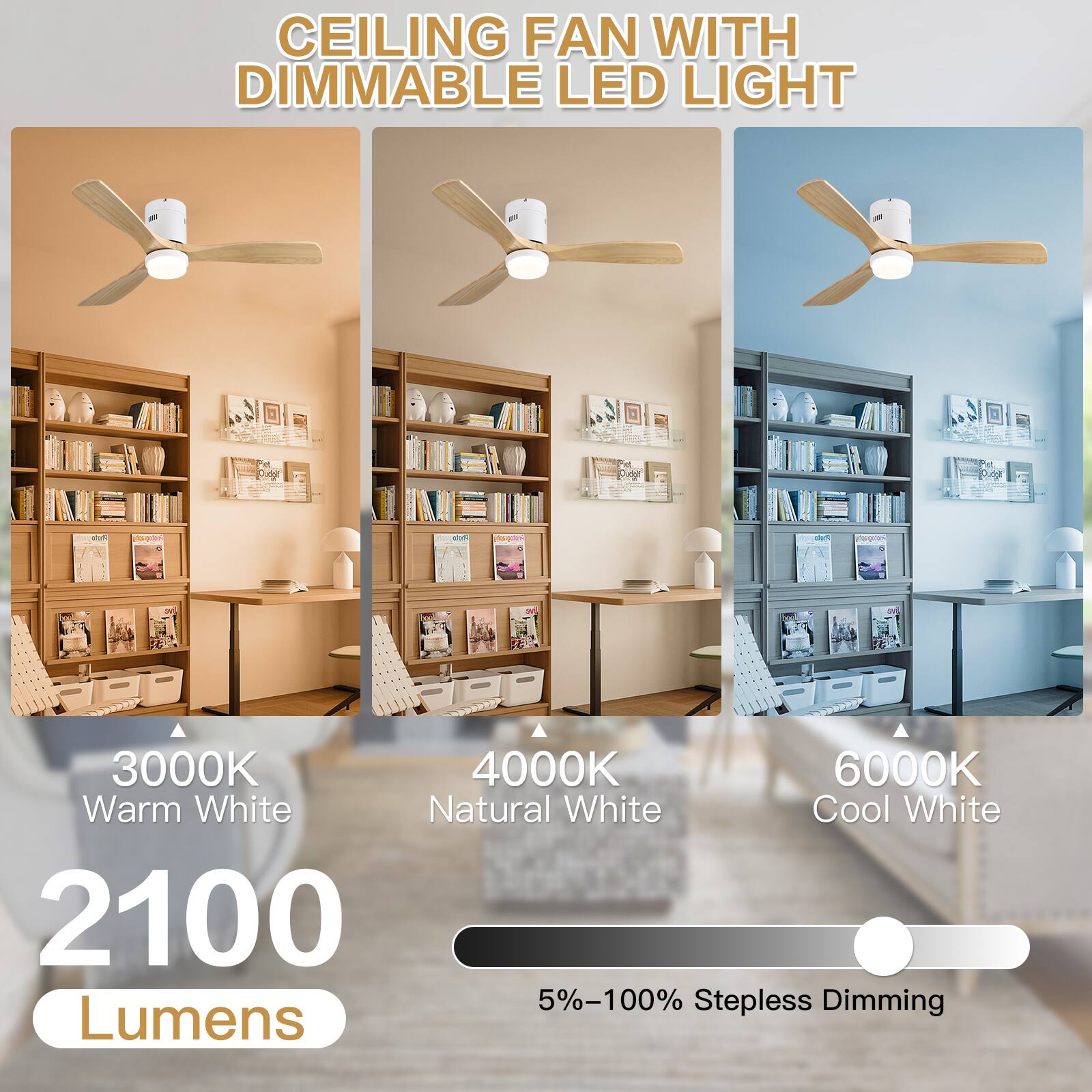 CEILING FAN WITH DIMMABLE LED LIGHT

3000K Warm White  
4000K Natural White  
6000K Cool White  

2100 Lumens  

5%-100% Stepless Dimming