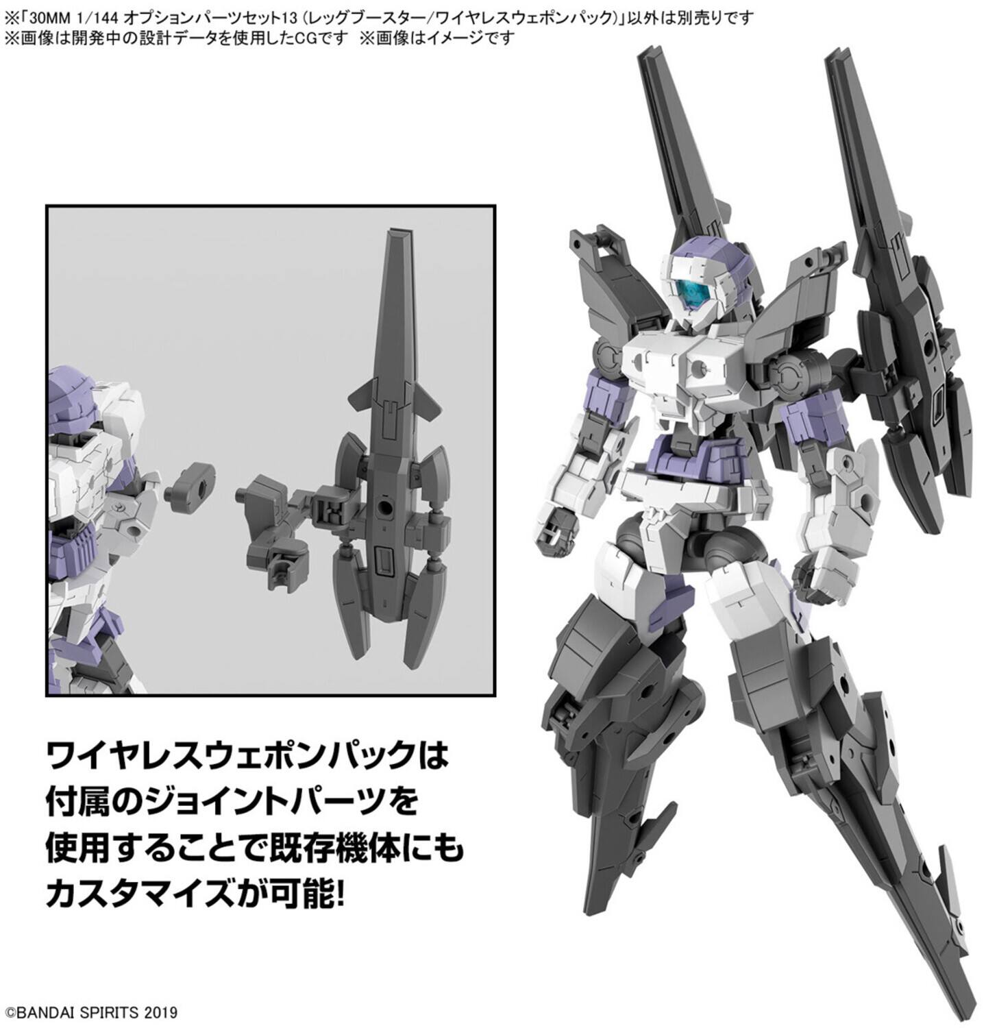 The text on the image can be grouped and corrected as follows:

---

**30MM 1/144 オブンゾンパッセージ13 (レッグブースターワイヤレ)**

※画像は1/144の設計データを使用したCGです。※画像はイメージです。

※画像開梱時の設計データはイレCGです。※画像はイメージです。

スウェボパック以外は別売りです。

---

**ウィレスウェボパックは付属のポイントパーツを使用することで既存機体にもカスタマイズが可能!**

© BANDAI SPIRITS 2019

---

This text appears to be related to a model kit, specifically a 1/144 scale model of the Obnzone Passage 13 (Leg Booster Wire). The text mentions that the image is a CG based on the design data and is for illustrative purposes. It also notes that the Swab Pack is customizable for existing models using the included parts.