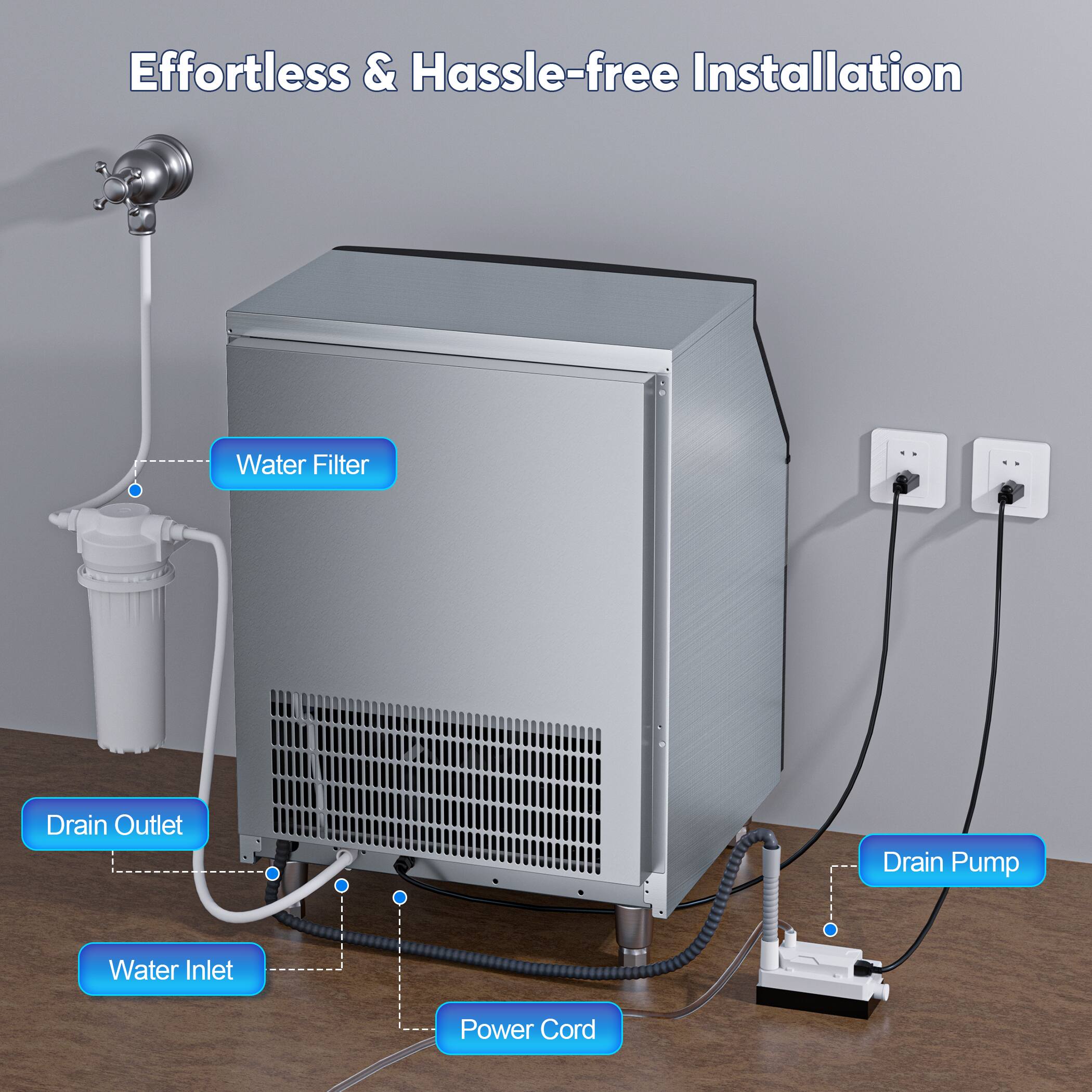 Effortless & Hassle-free Installation

- Water Filter
- Drain Outlet
- Water Inlet
- Drain Pump
- Power Cord