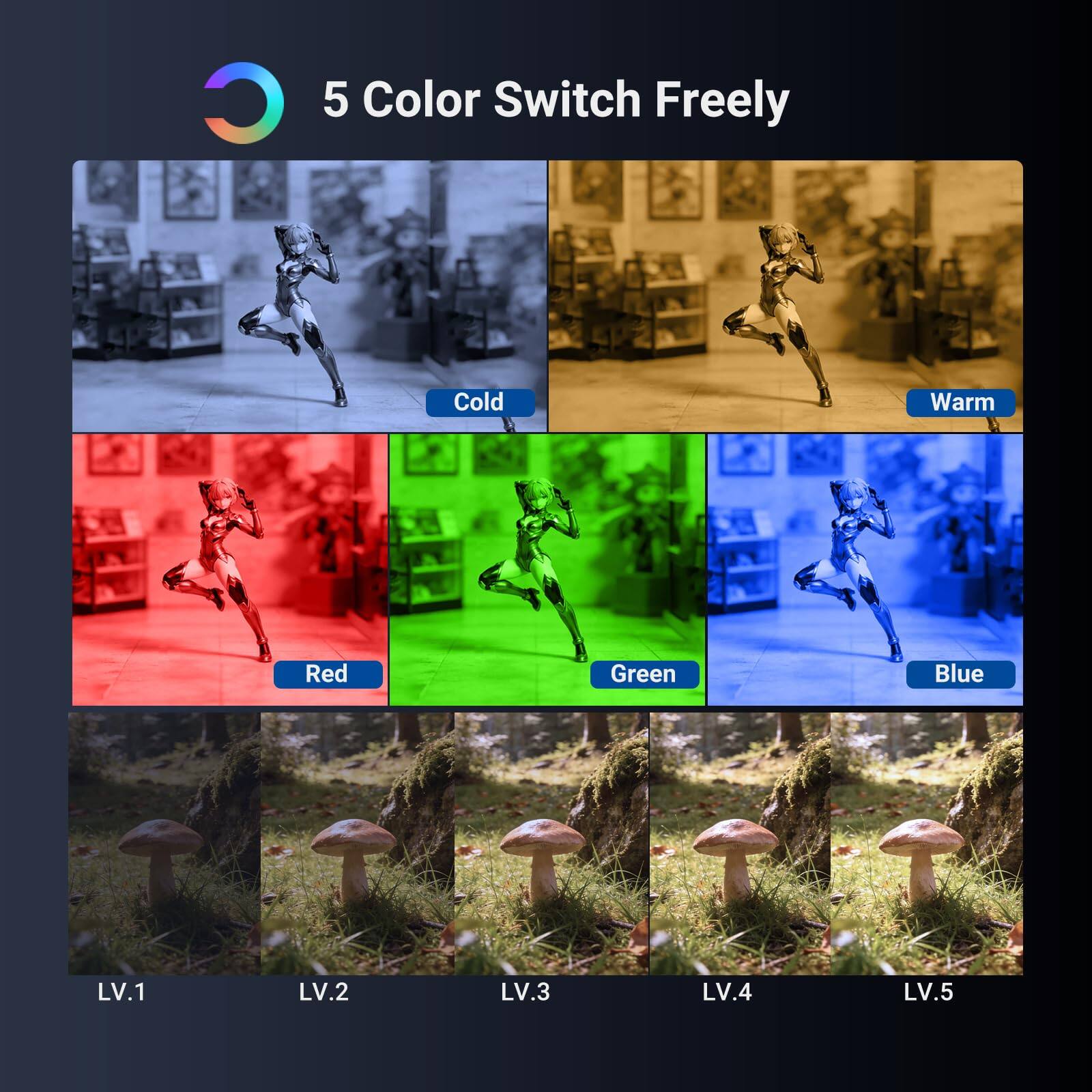 5 Color Switch Freely  
Red Cold Green Warm  
Blue  
LV.1 LV.2 LV.3 LV.4 LV.5