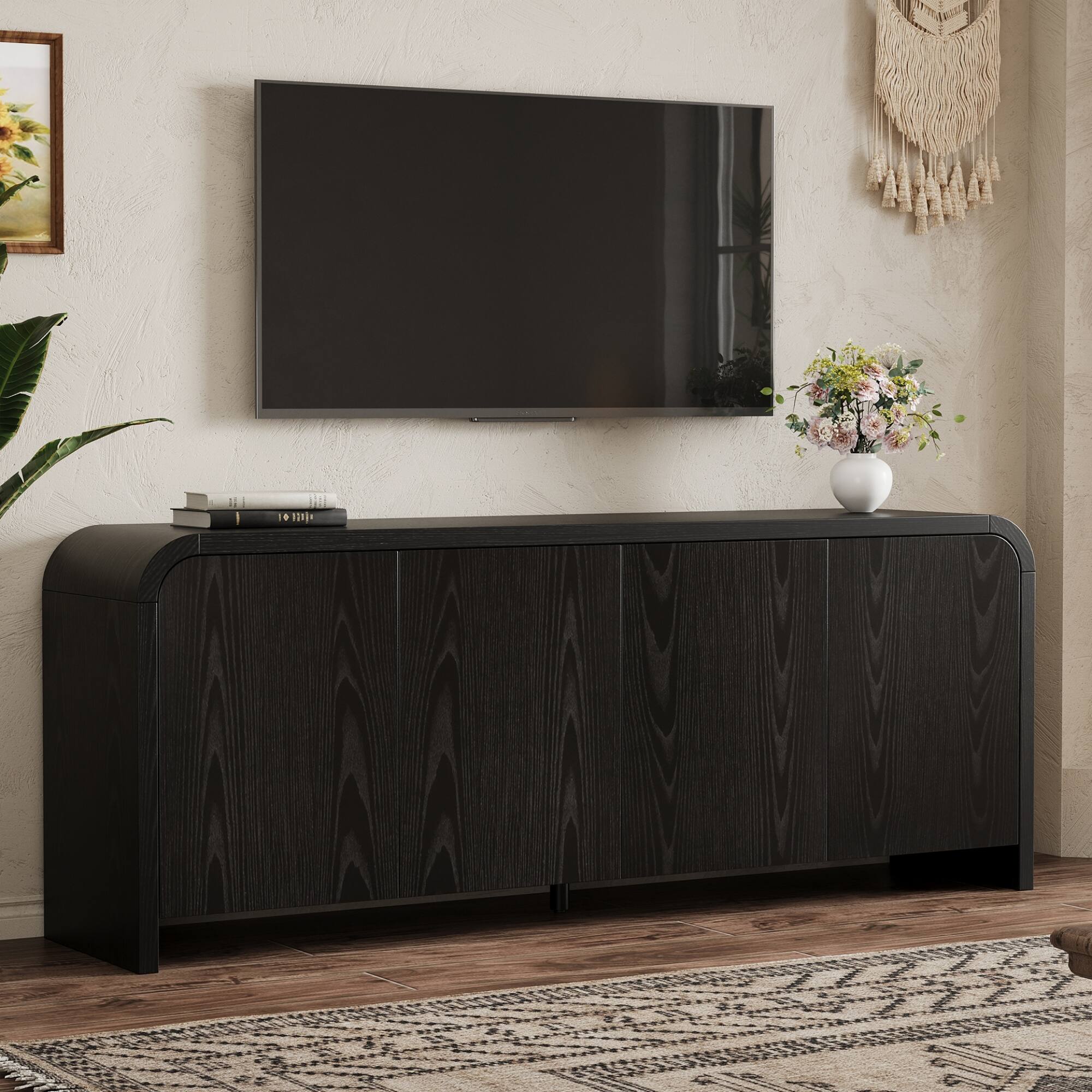 Left. Whisen - Curved Edge TV Stand for TVs up to 70" with Push-to-Open Cabinets,Adjustable Shelves and Cable Management - Black.