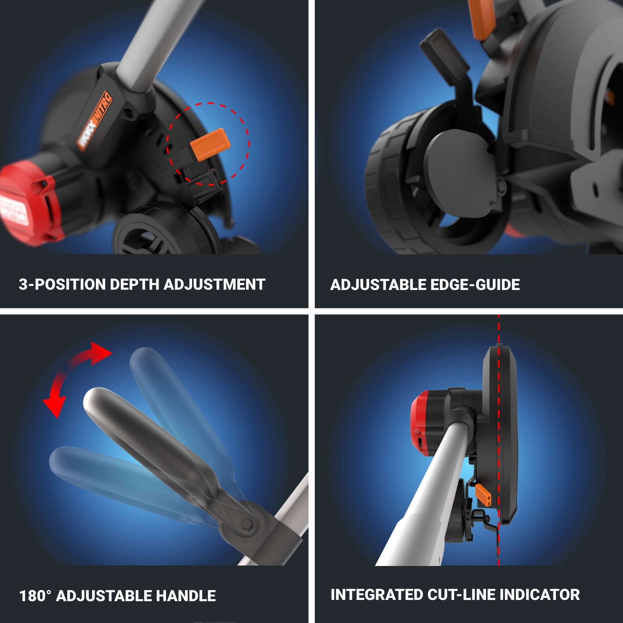 The image features a diagram of a tool with four different settings. The first setting is the 3-position depth adjustment, which allows for precise control of the tool's depth. The second setting is the adjustable edge-guide, which helps maintain a consistent cutting edge. The third setting is the 180 adjustable handle, which provides comfort and control while using the tool. Finally, the integrated cut-line indicator helps ensure accurate and precise cuts.