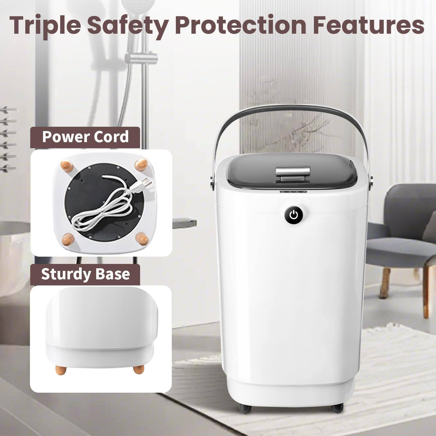 Triple Safety Protection Features

- Power Cord
- Sturdy Base