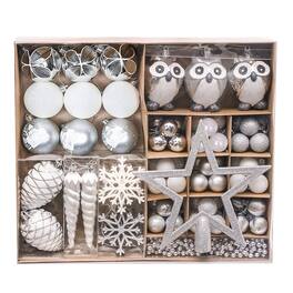 OrnamentallyYou - Winter Woodlands Large White and Silver Ornament 90 Set of Owls Cones Snowflakes and Stalactites - Multi-colored