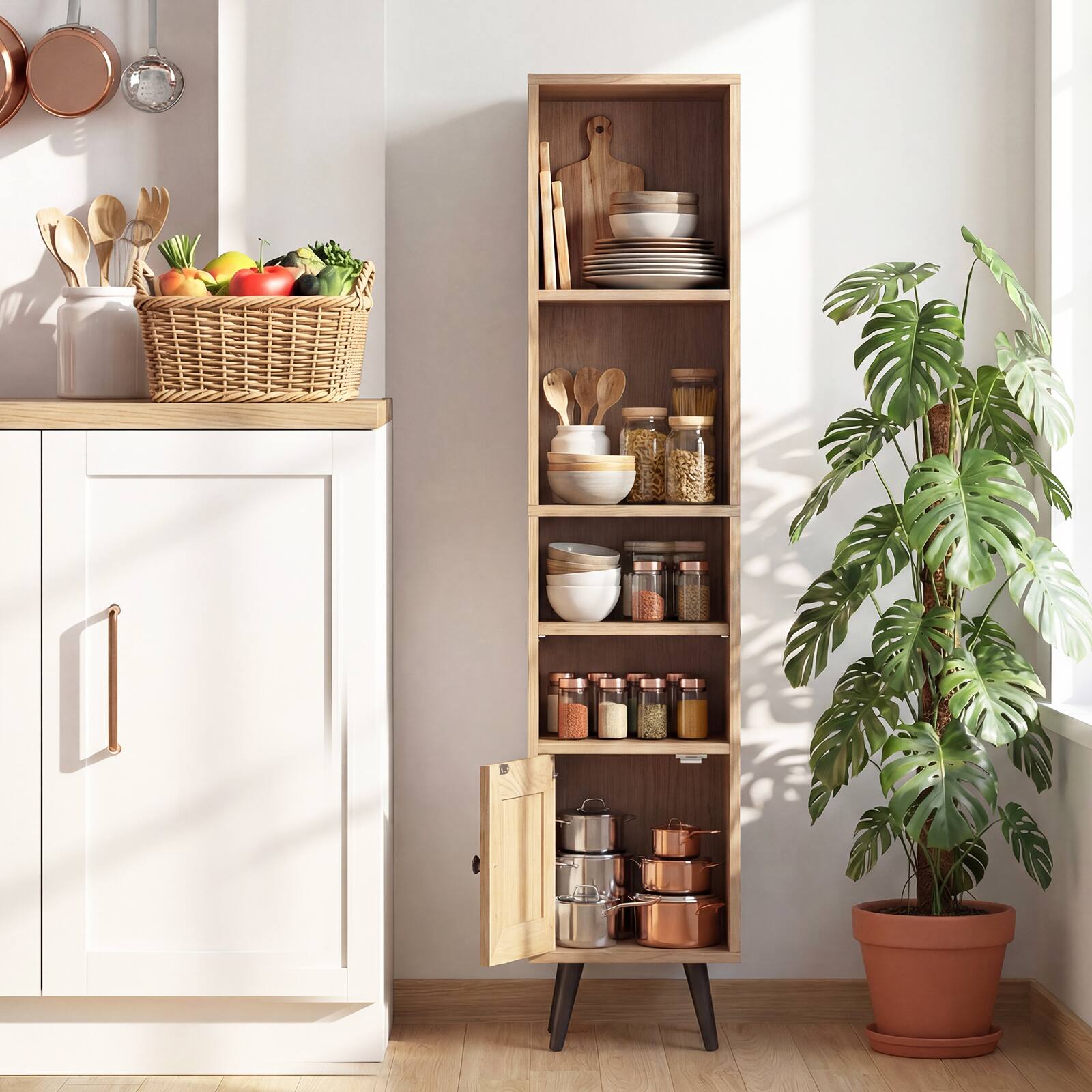 Alt View 6. Gymax - Gymax 2PCS 6-Tier Tall Narrow Bookcase w/Adjustable Shelf & Boho Style Rattan Door - Yellow.