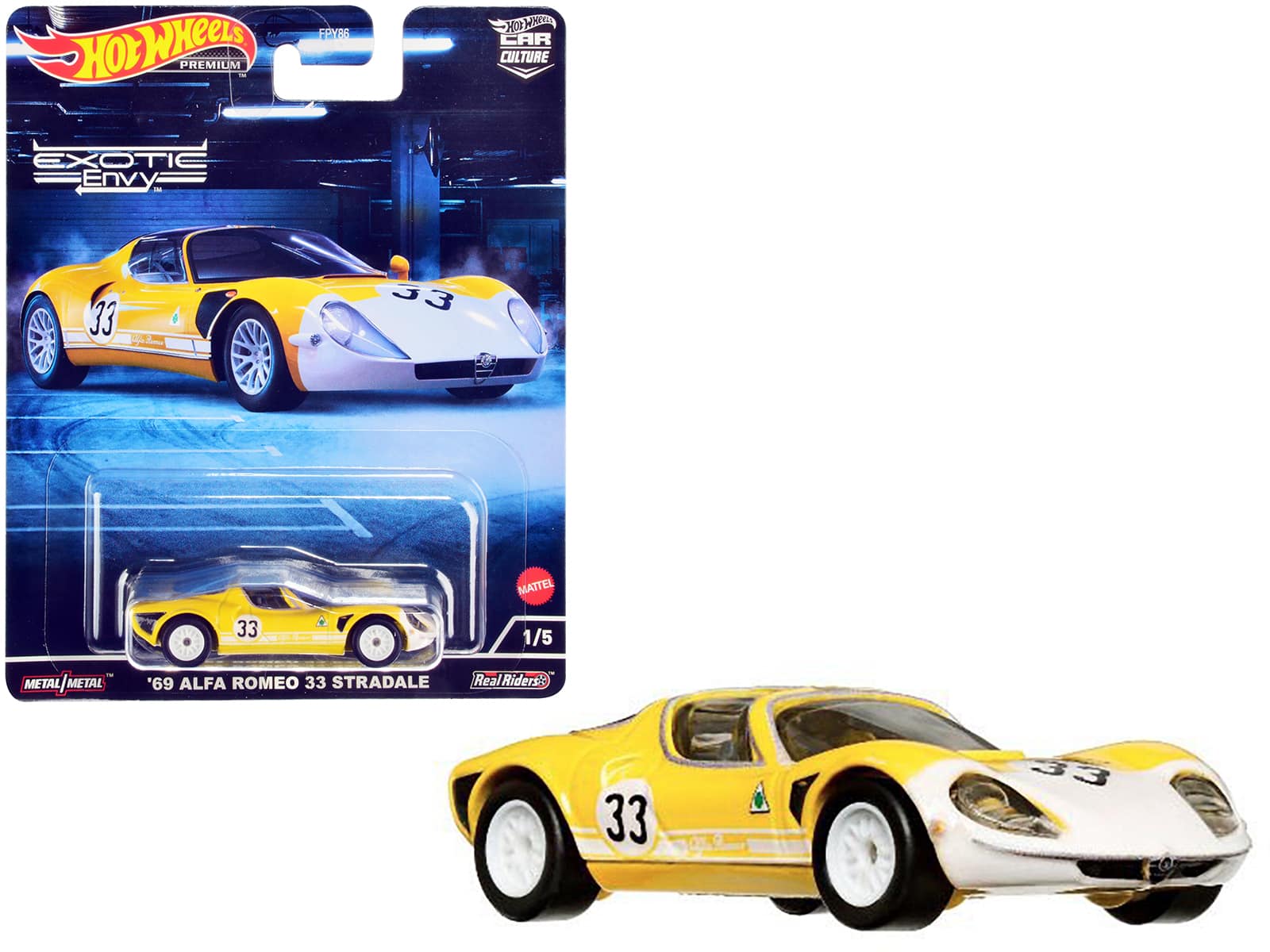 "1969 Alfa Romeo 33 Stradale #33 Yellow and White ""Exotic Envy"" Series Diecast Model Car by Hot Wheels" price history on PriceWatchPro
