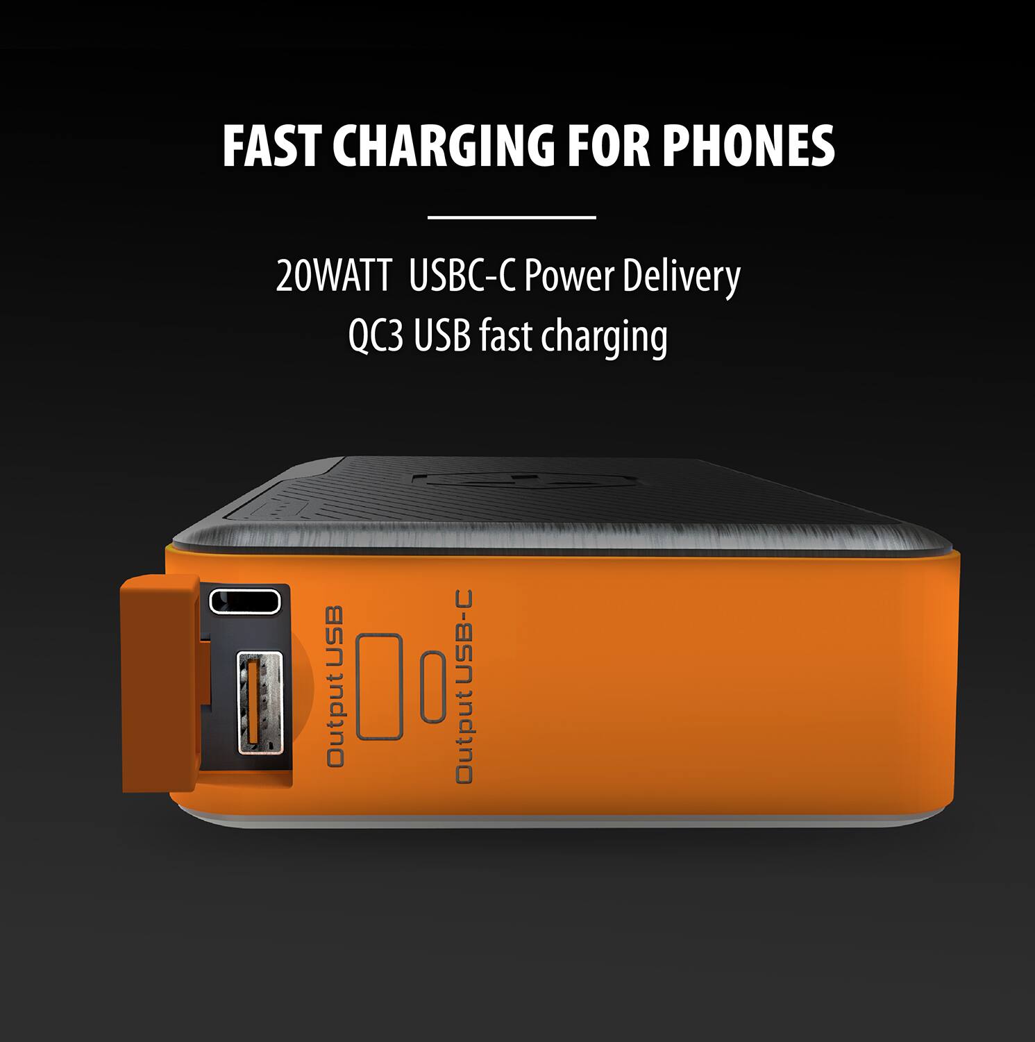 FAST CHARGING FOR PHONES

20WATT USB-C Power Delivery  
QC3 USB fast charging  

Output USB  
Output USB-C