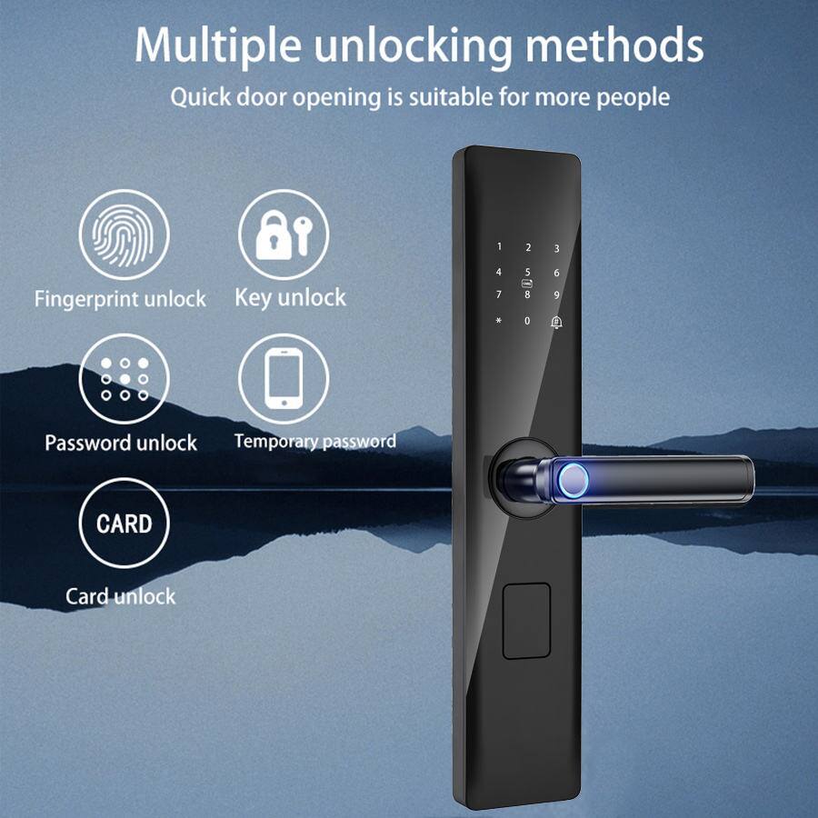 Multiple unlocking methods  
Quick door opening is suitable for more people  

1. Fingerprint unlock  
2. Key unlock  
3. Password unlock  
4. Temporary password  
5. Card unlock