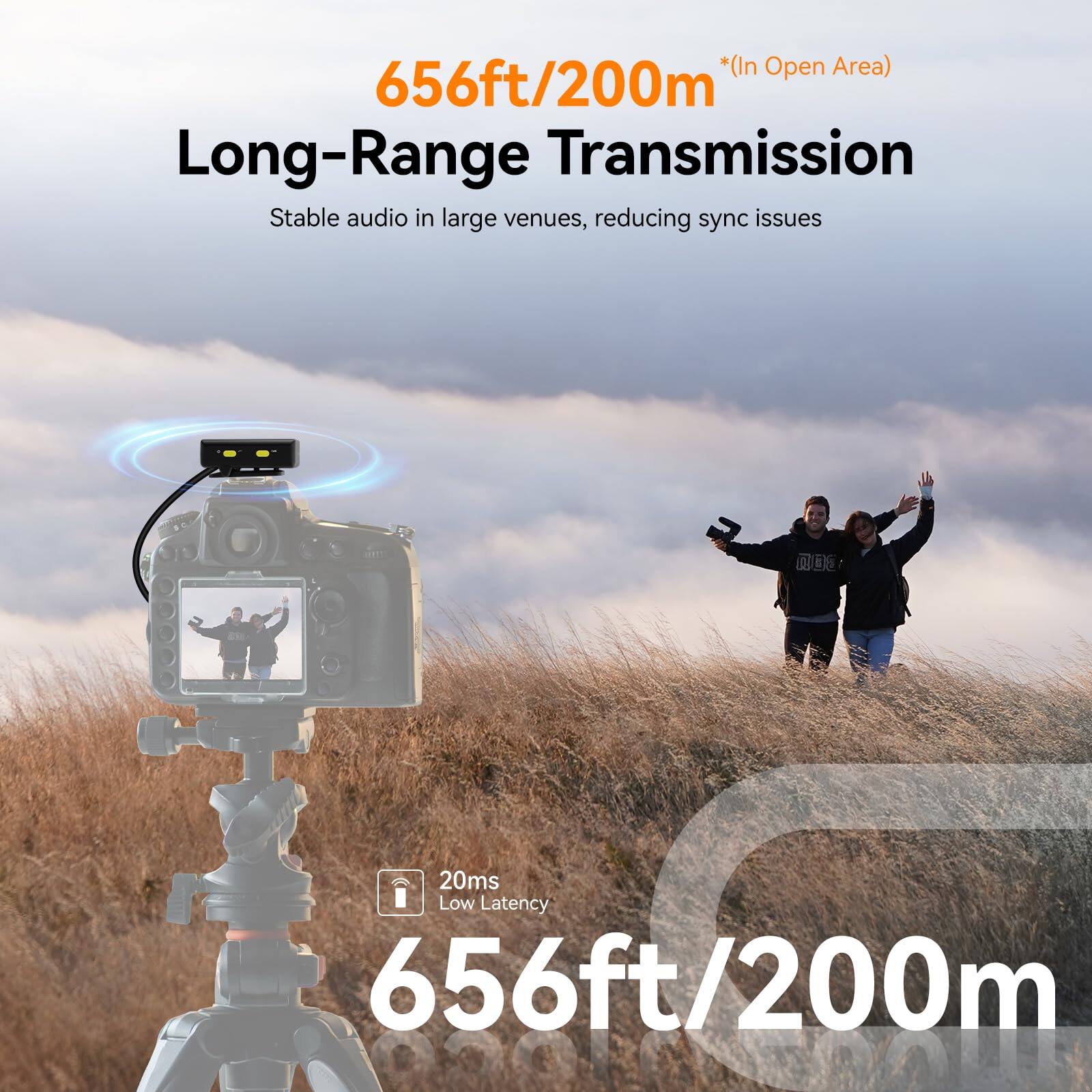 *(In Open Area) 656ft/200m Long-Range Transmission  
Stable audio in large venues, reducing sync issues  

20ms Low Latency  
656ft/200m