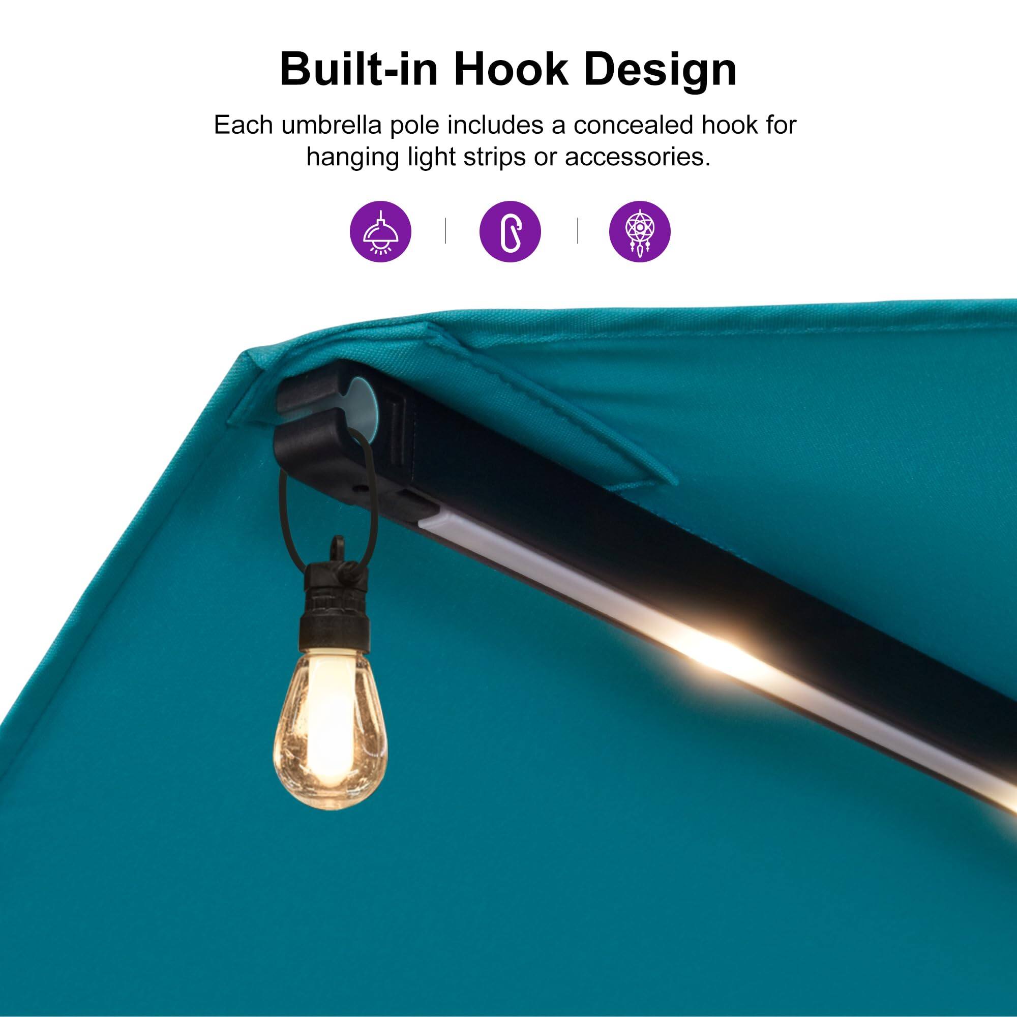 Built-in Hook Design  
Each umbrella pole includes a concealed hook for hanging light strips or accessories.