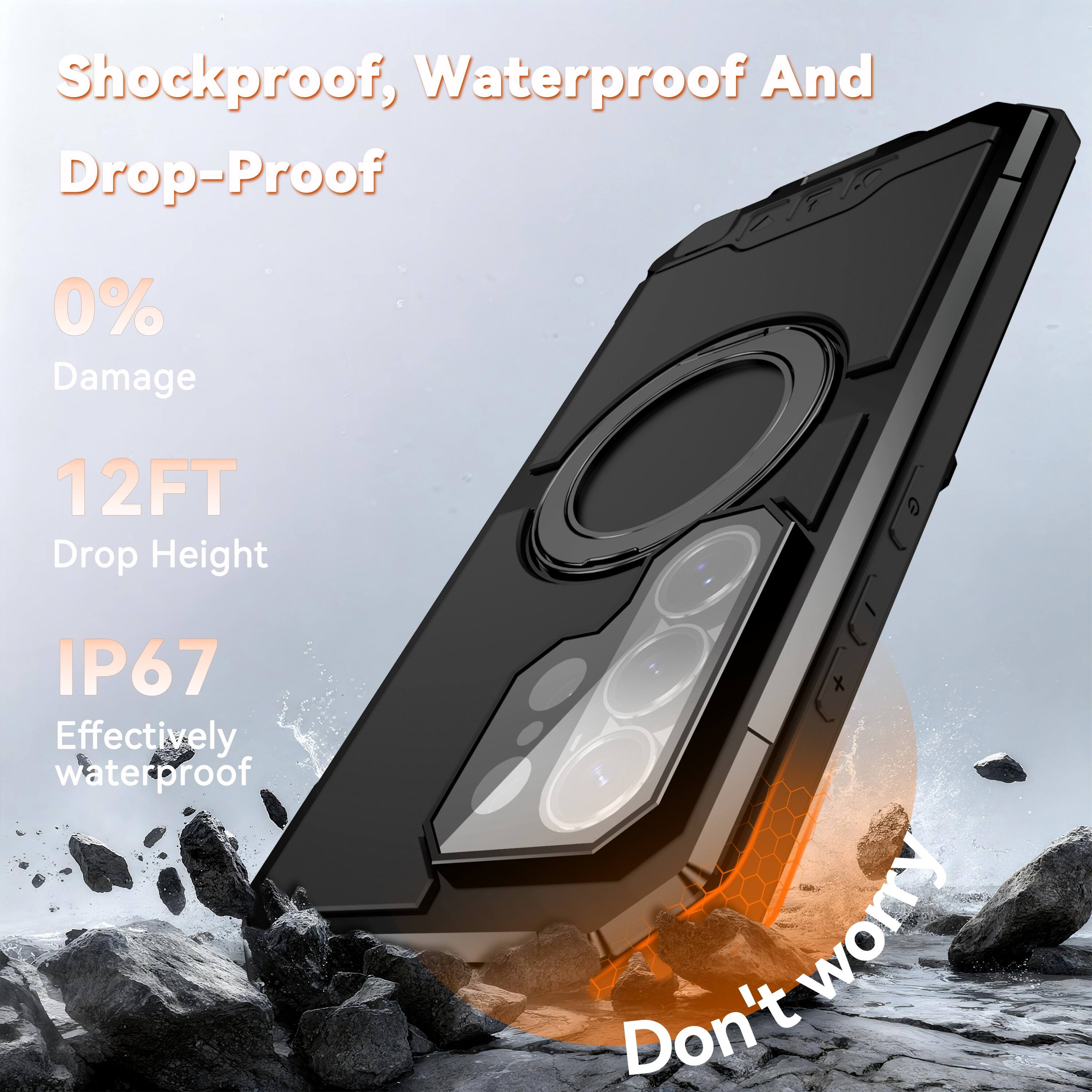 Shockproof, Waterproof And Drop-Proof  
0% Damage  
12FT Drop Height  
IP67 Effectively waterproof  
Don't worry