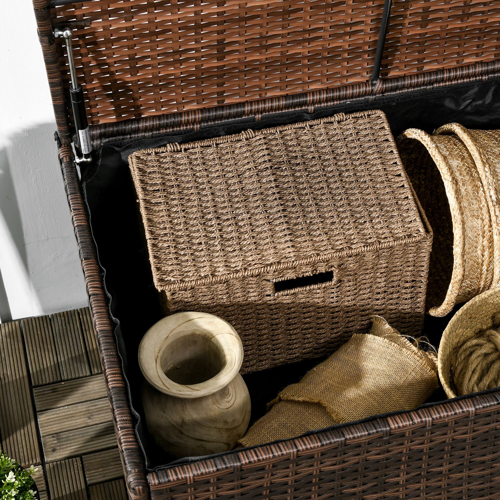 Alt View 8. Outsunny - Outdoor Deck Box and Waterproof Shoe Storage, PE Rattan Wicker Towel Rack with Liner for Indoor, Outdoor - Brown.