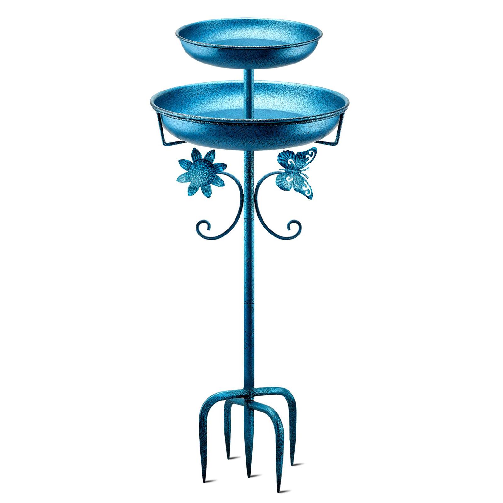 Front. Dazzed Corner - 42" Tall Freestanding Bird Bath for Outdoors, Double Metal Bird Bath Feeder Bowls for Garden Patio Yard Lawn Decor - Blue.