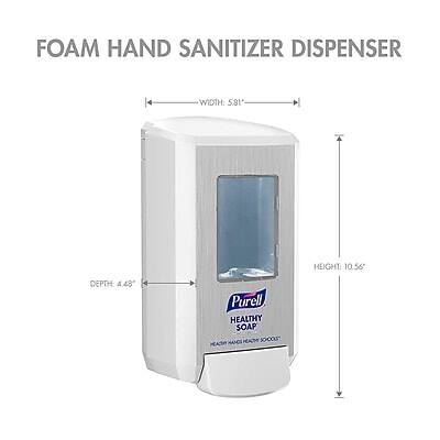 FOAM HAND SANITIZER DISPENSER

WIDTH: 5.81"
HEIGHT: 10.56"
DEPTH: 4.48"

Purell
HEALTHY HANDS
MADE WITH 99.99% OF ALCOHOL