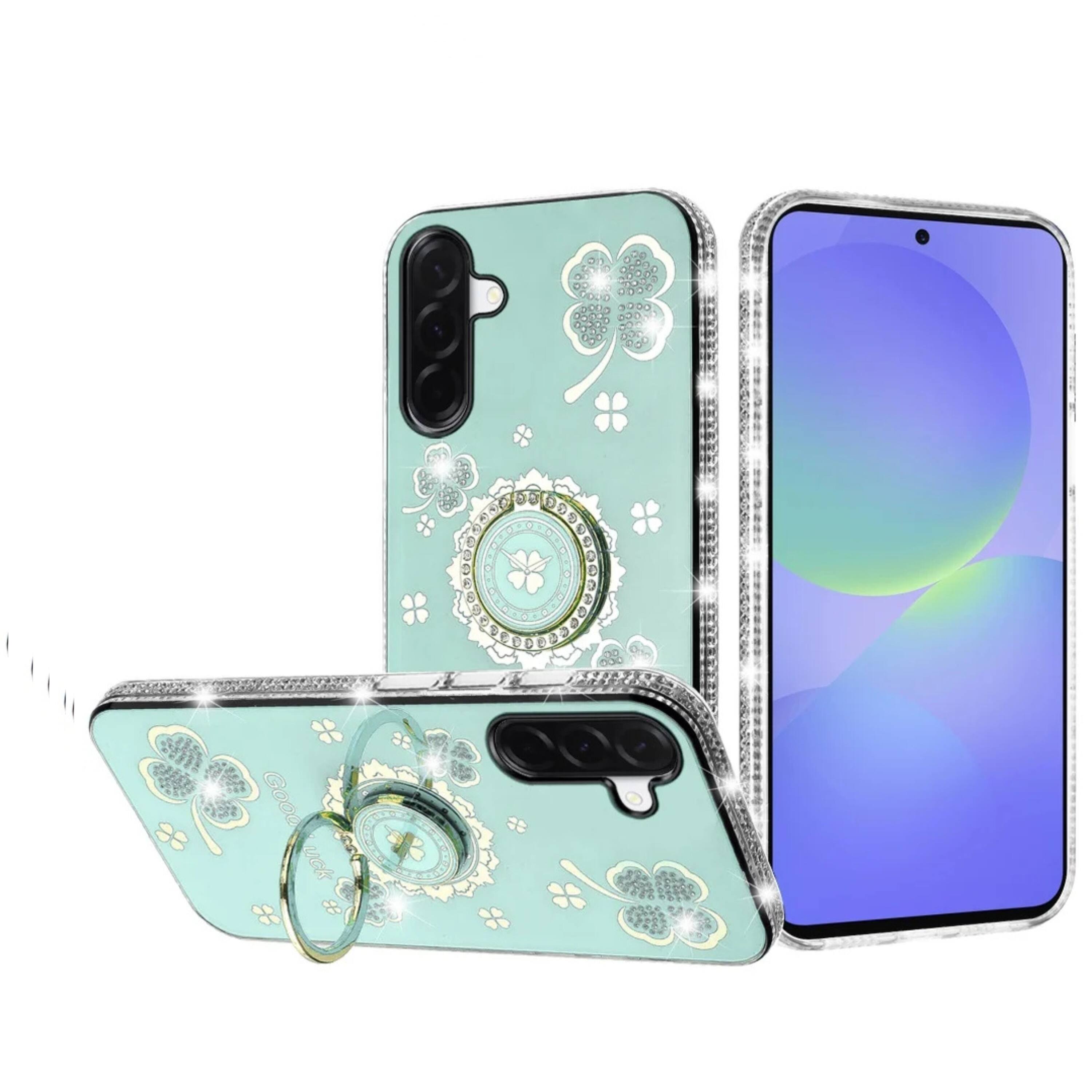 Front. Kitcheniva - Crystal Studded Ring Stand Bling Case With Tempered Glass For Samsung A37 5G Teal - Teal.