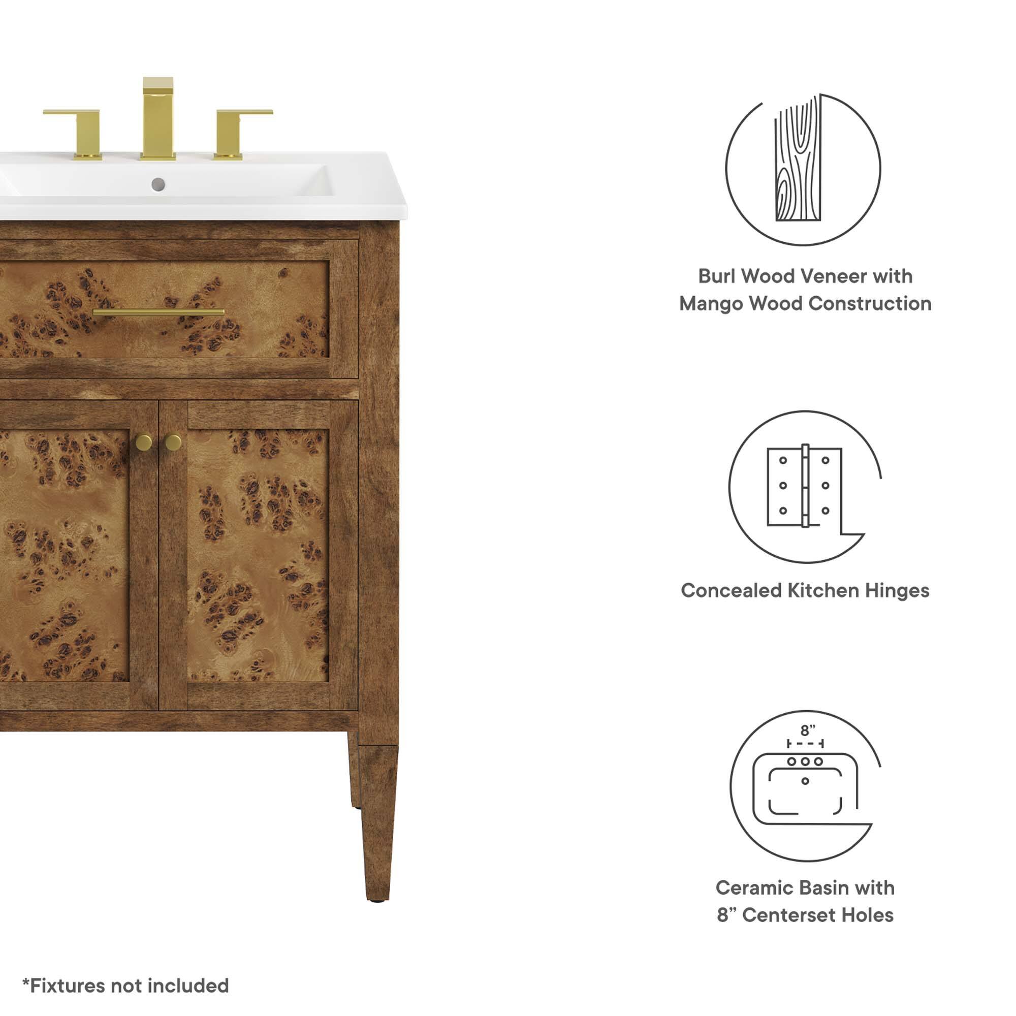 Burl Wood Veneer with Mango Wood Construction  
Concealed Kitchen Hinges 8"  
Ceramic Basin with 8" Centerset Holes  
*Fixtures not included
