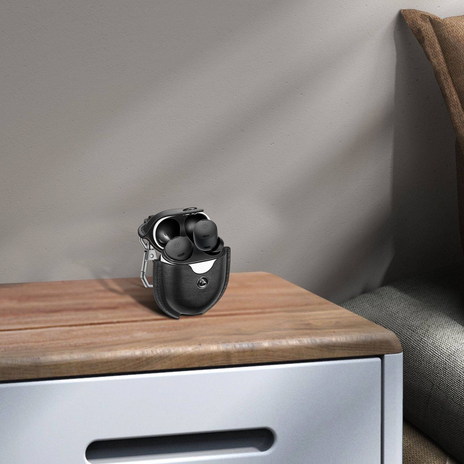 Left. Stock Preferred - Case For Google Pixel Buds Pro (2022) PU Leather Slim Metal Snap Closure Cover Black - Black.