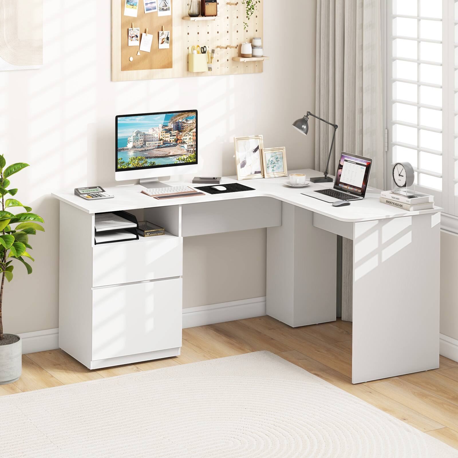Alt View 1. Ecooso - L-Shaped Computer Desk with File Drawer, Corner Workstation for Home Office and Study Room - White.