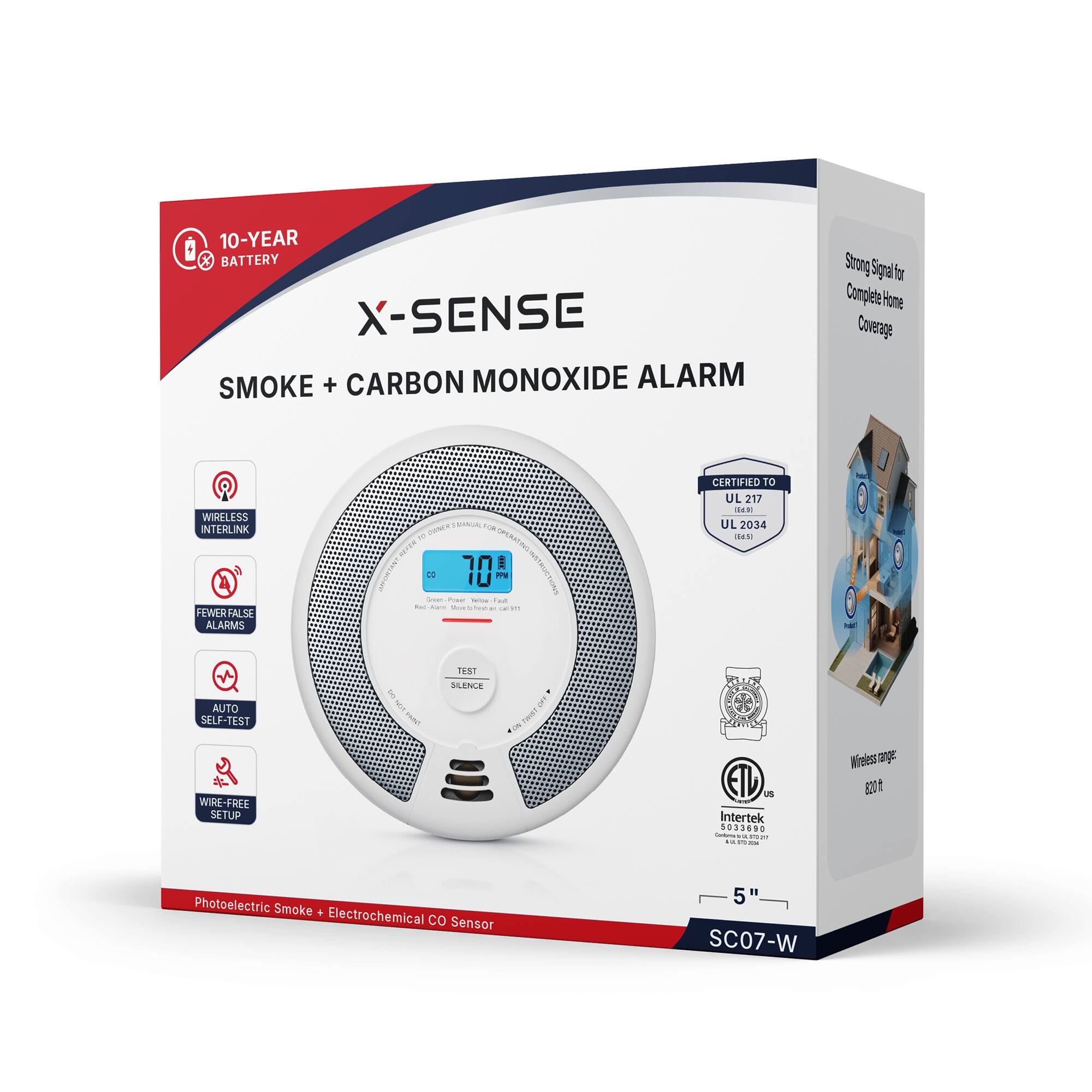 10-YEAR BATTERY X-SENSE SMOKE + CARBON MONOXIDE ALARM

Strong Signal for Complete Home Coverage

WIRELESS INTERLINK FEWER FALSE ALARMS

2 REFER - CC Green

UL PM wice ist thesh CERTIFIED TO UL 217 06.91 UL 2034 150

AUTO SELF-TEST

TEST SILENCE

WIRE-FREE SETUP

US Intertek 5033690 Collams Be 12 0.1/100ml

Wireless range: 820 ft

Photoelectric Smoke + Electrochemical CO Sensor

5" SC07-W