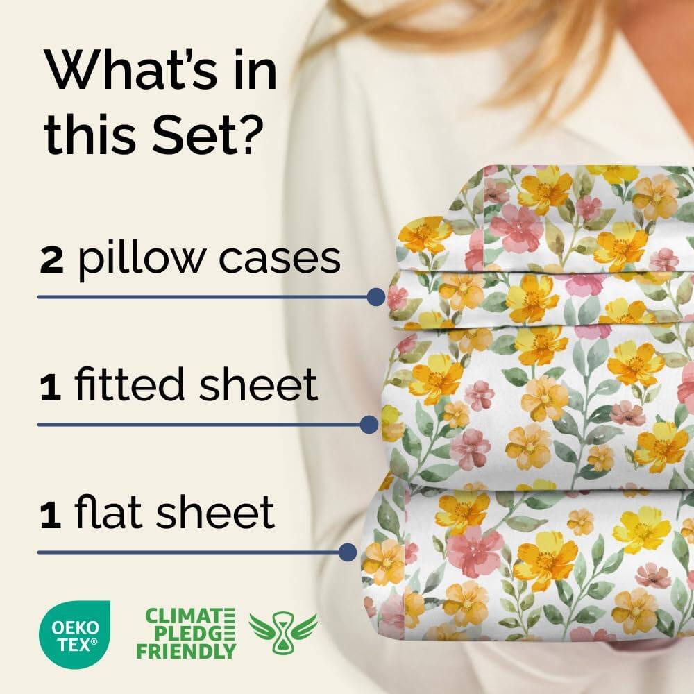 What's in this Set?

- 2 pillow cases
- 1 fitted sheet
- 1 flat sheet

CLIMATE PLEDGE FRIENDLY

OEKO TEX
